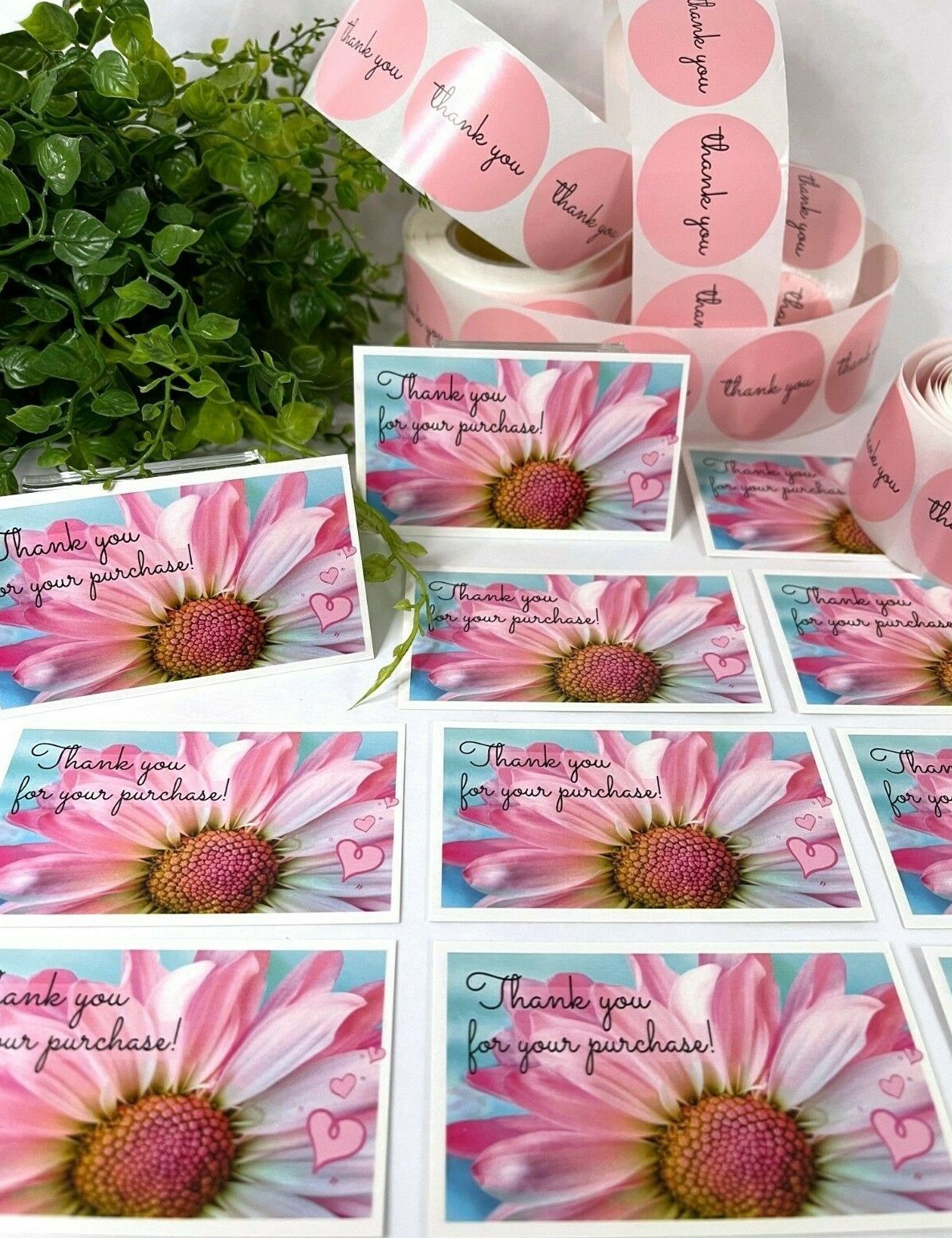 200 pc Business Set, Thank You Cards. Thank You Stickers, Pink Daisy 100 Sets