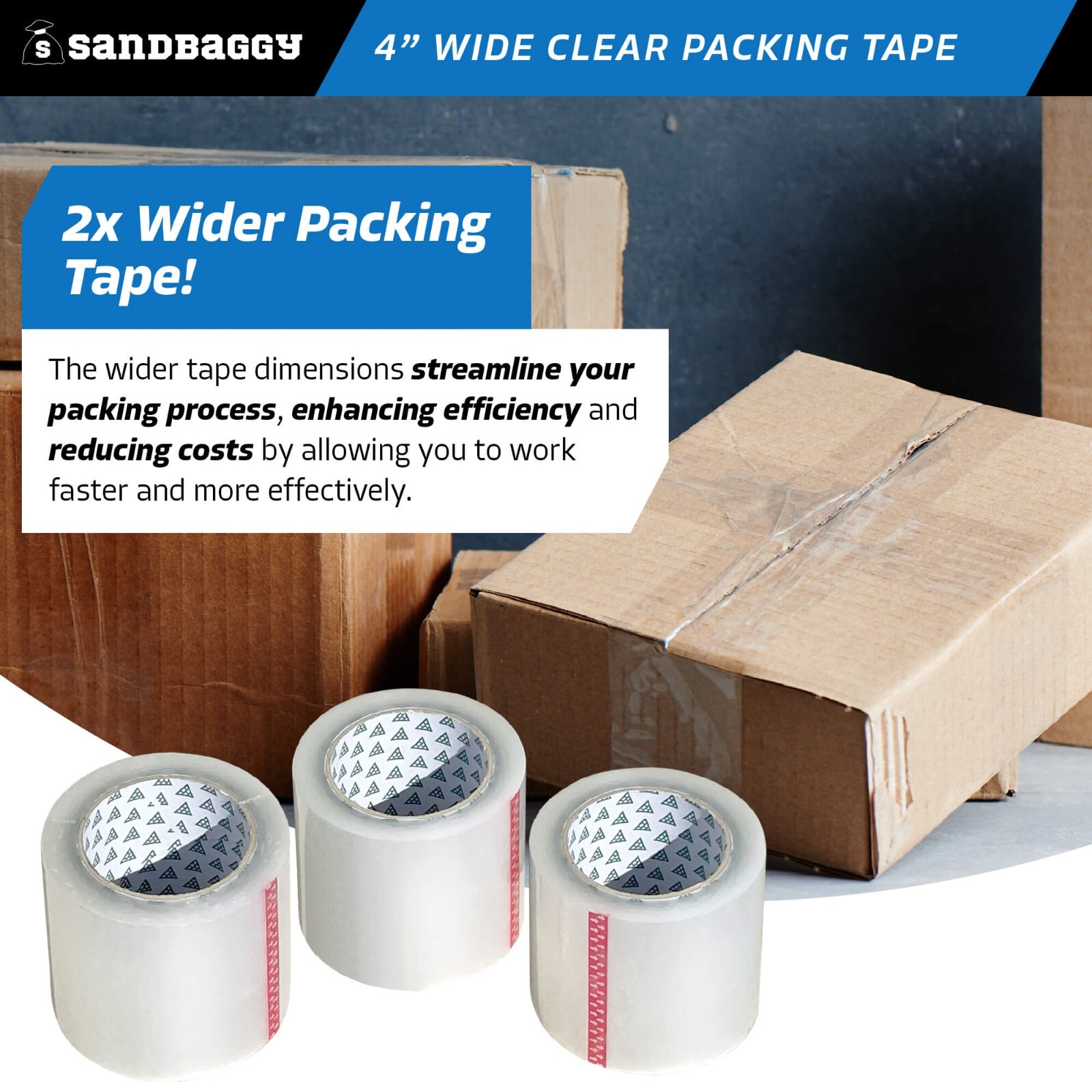 Sandbaggy 4″ Wide Clear Packing Tape Rolls (110 yards) – Poly Shipping Tape