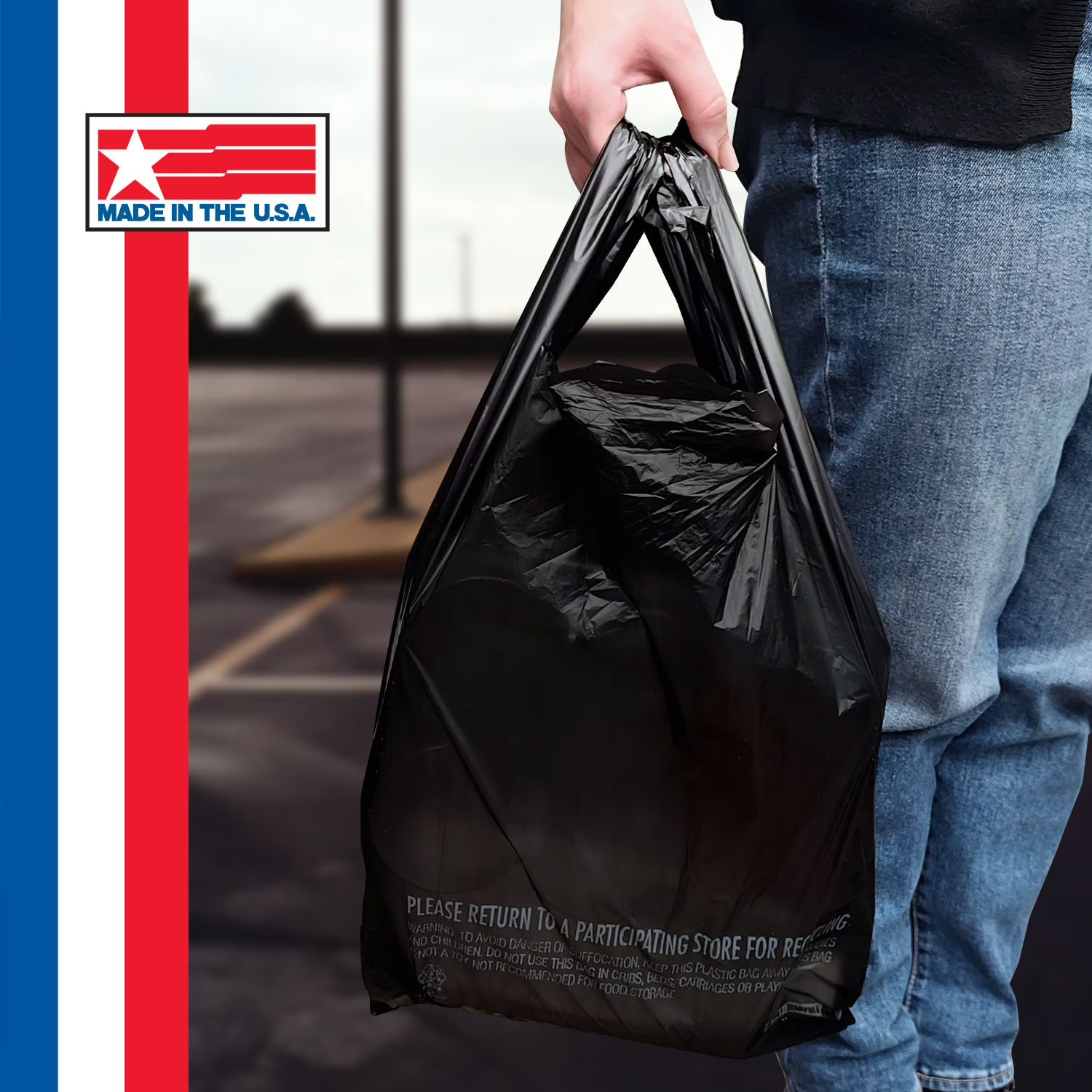 Black T-Shirt Carryout Bags 11.5×6.5×22 Plastic Grocery Shopping Bags 1000 ct.
