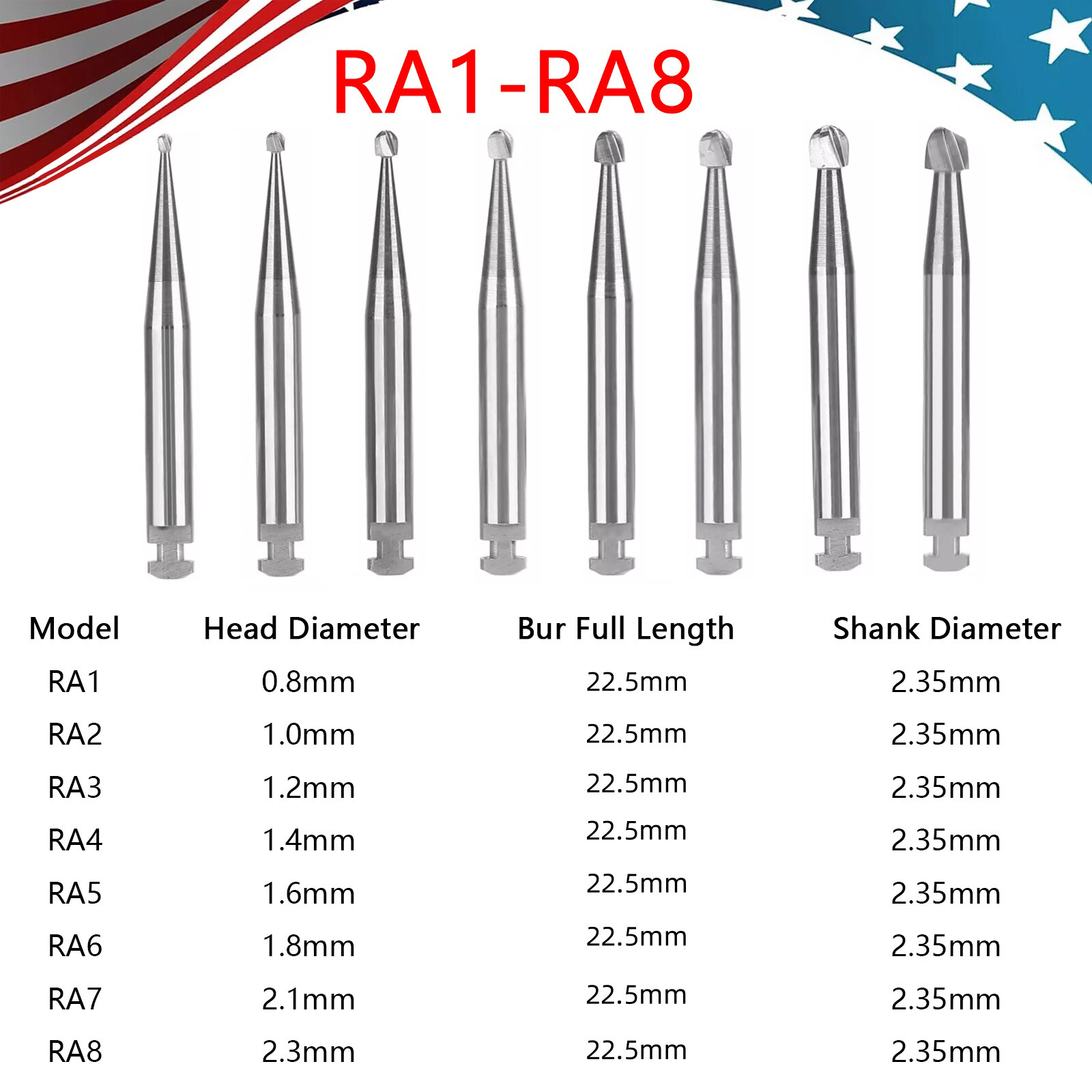 5-100 8 Types Dental Round Carbide Bur for Slow Speed Latch Type RA 1# – 8# Burs