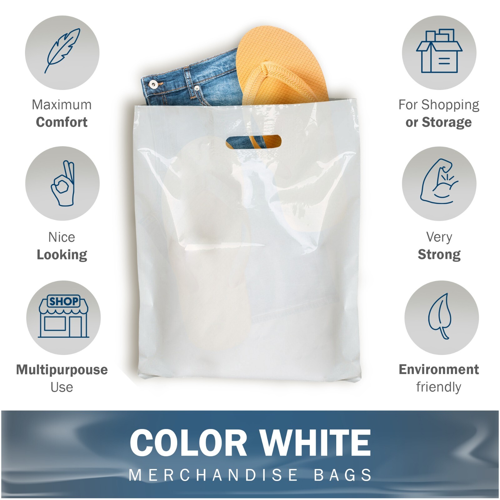 100 Pack 12″ x 15″with 1.5 mil Thick – White Merchandise Plastic Shopping Bags