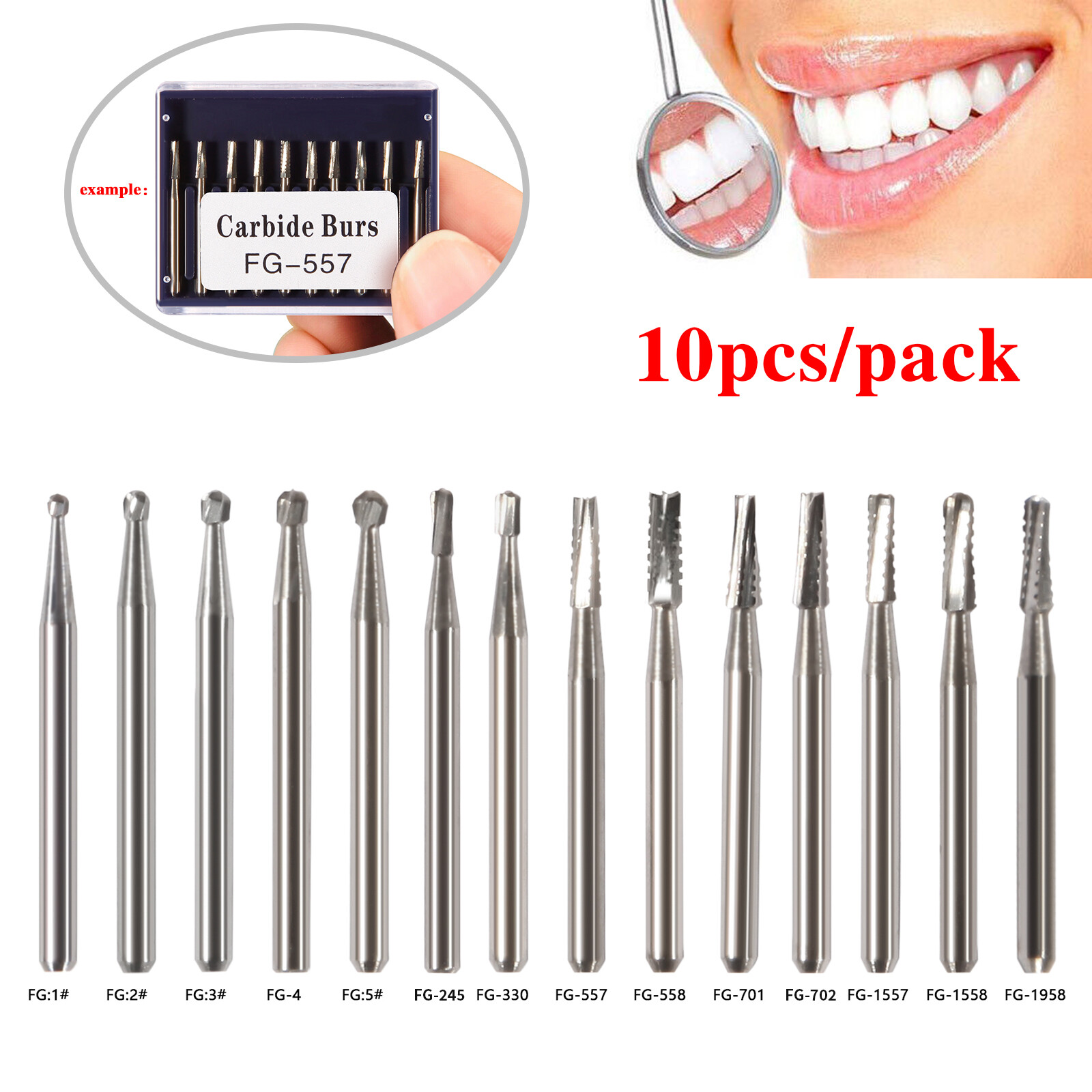 Dental Carbide Burs FG1/2/3/4/5/330 Round for High Speed Handpiece 10 Pcs/set