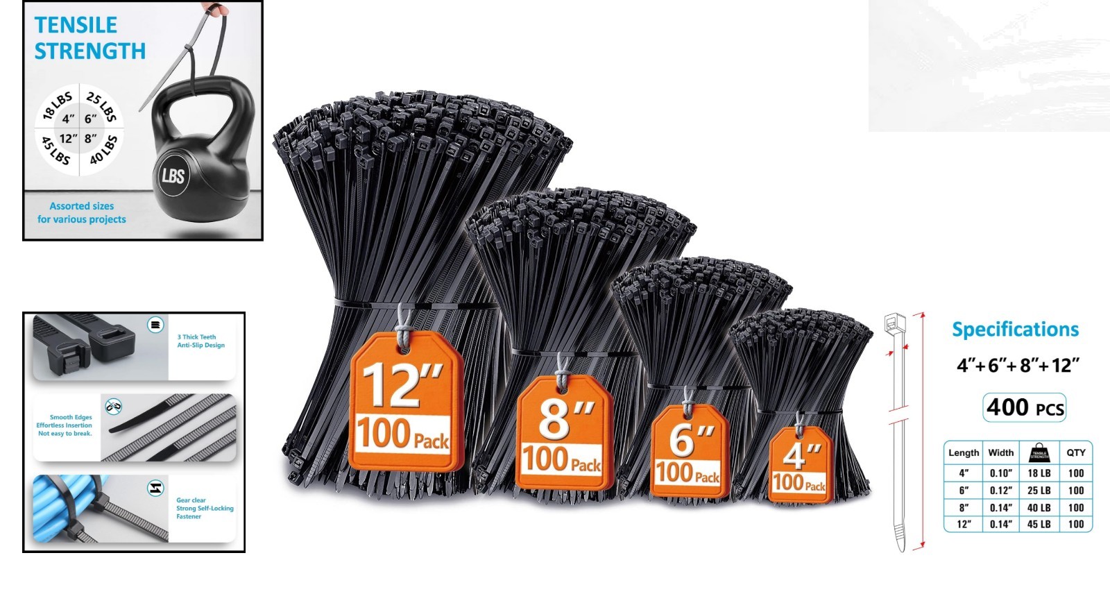 Heavy-Duty Nylon Zip Ties, 400 Count – Assorted Sizes 4” to 12” for Secure Use