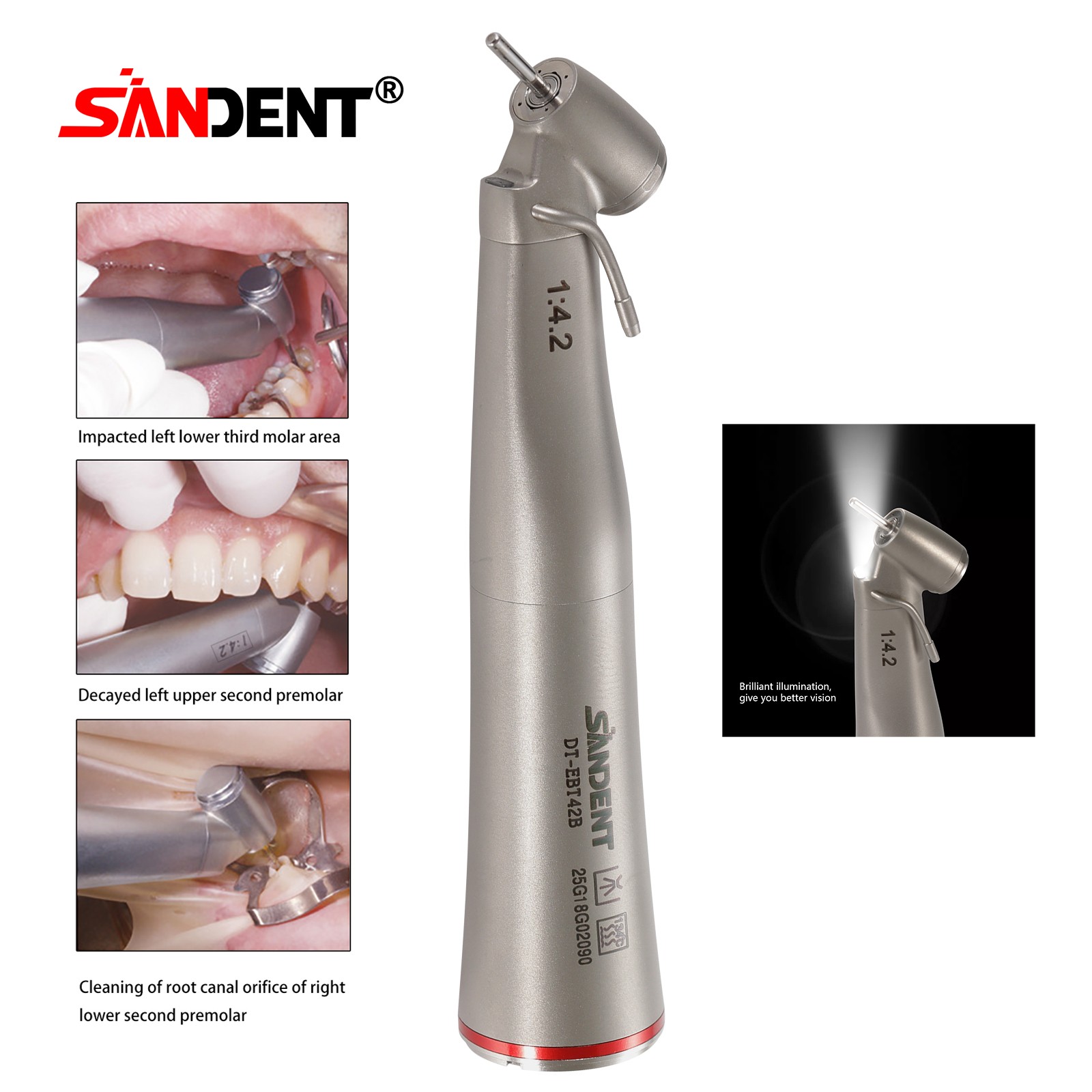 Dental Optic Fiber LED 1:4.2 Increasing Handpiece 45°Angle Head External Channel
