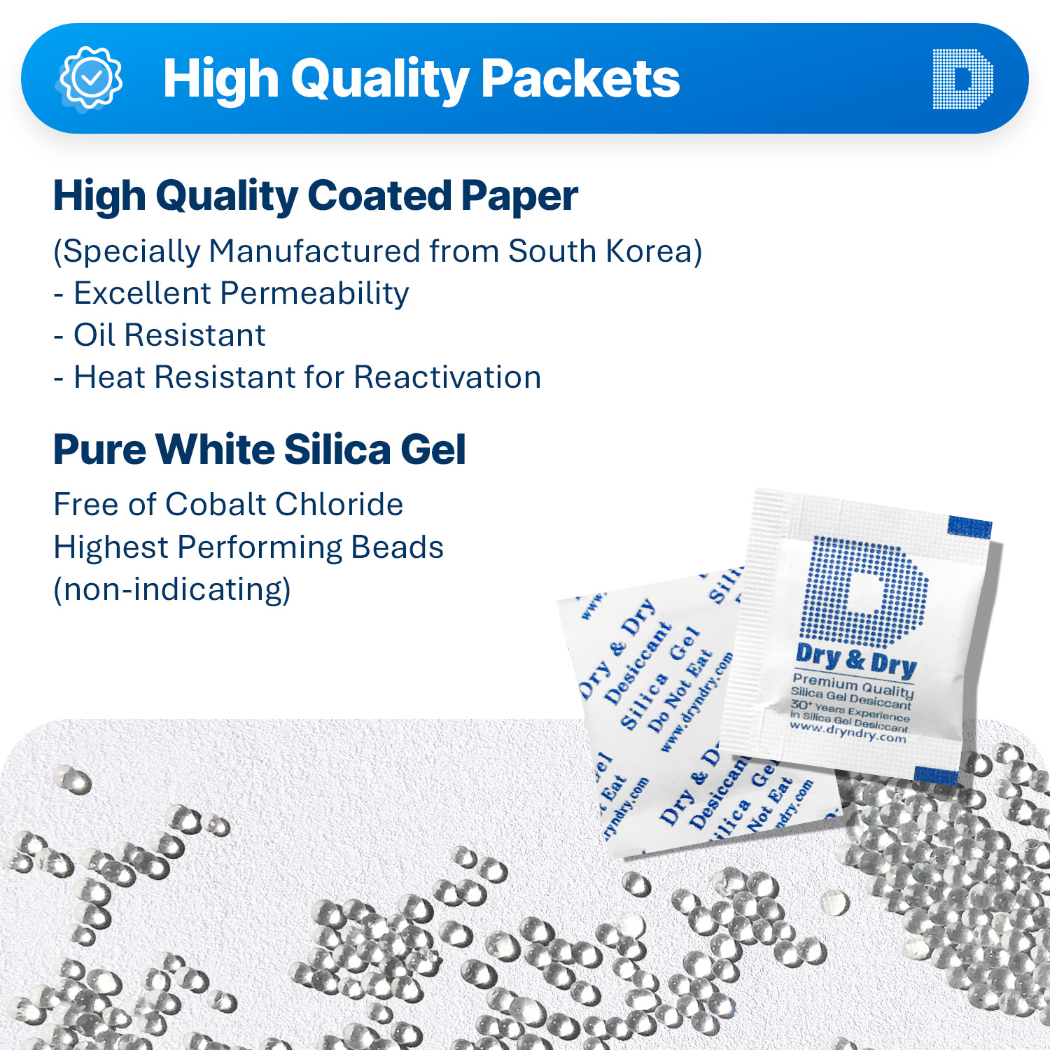 1 gram X 50 PK “Dry&Dry”Silica Gel Desiccant Packets – Reusable(FDA Compliant)