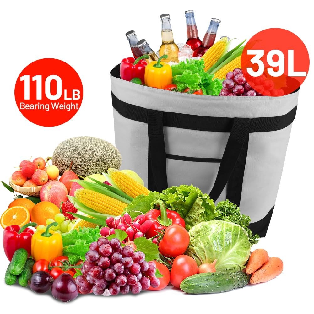 Insulated Grocery Tote Bag Large Reusable Cooler Bags w/ Zipper Leakproof Grey
