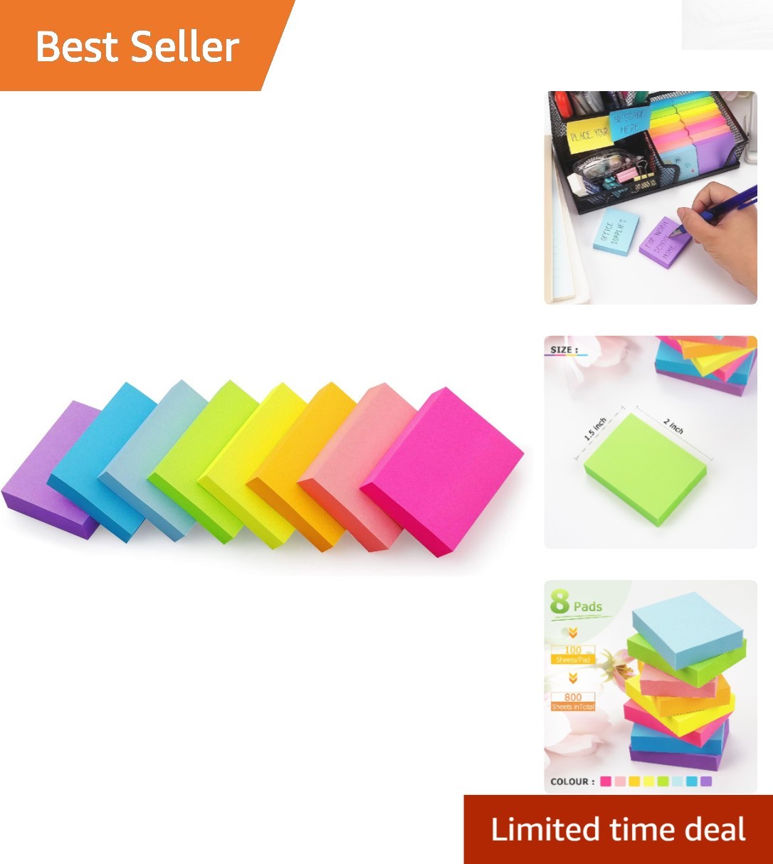 Brightly Colored 1.5×2 inch Sticky Notes – 800 Sheets of Self-Stick Pads