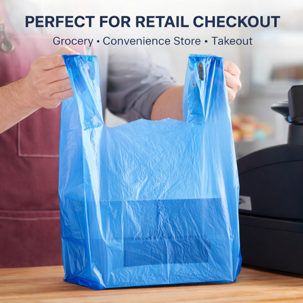 Blue T-Shirt Grocery Bags 1/6 Large 21×6.5×11.5 0.51 Mil Plastic Bulk