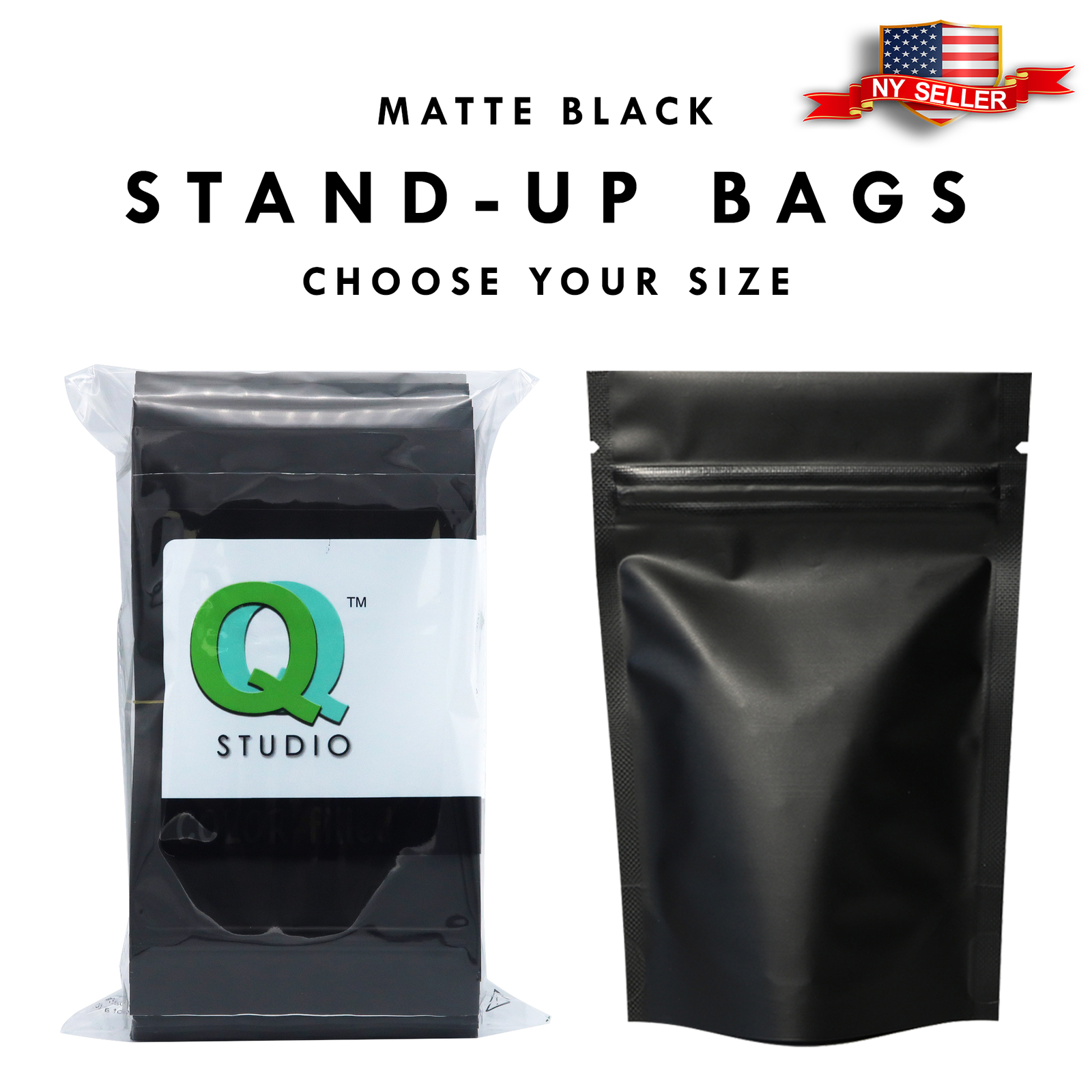 Variety of Sizes for 100pcs Matte Black Metallic Foil Stand-Up Resealable Bags