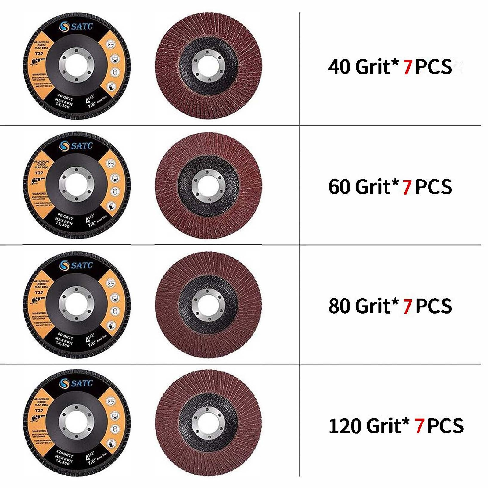 SATC 4.5inch 28PCS Aluminum Oxide Flap Discs P40/60/80/120Grinding Wheel Sanding