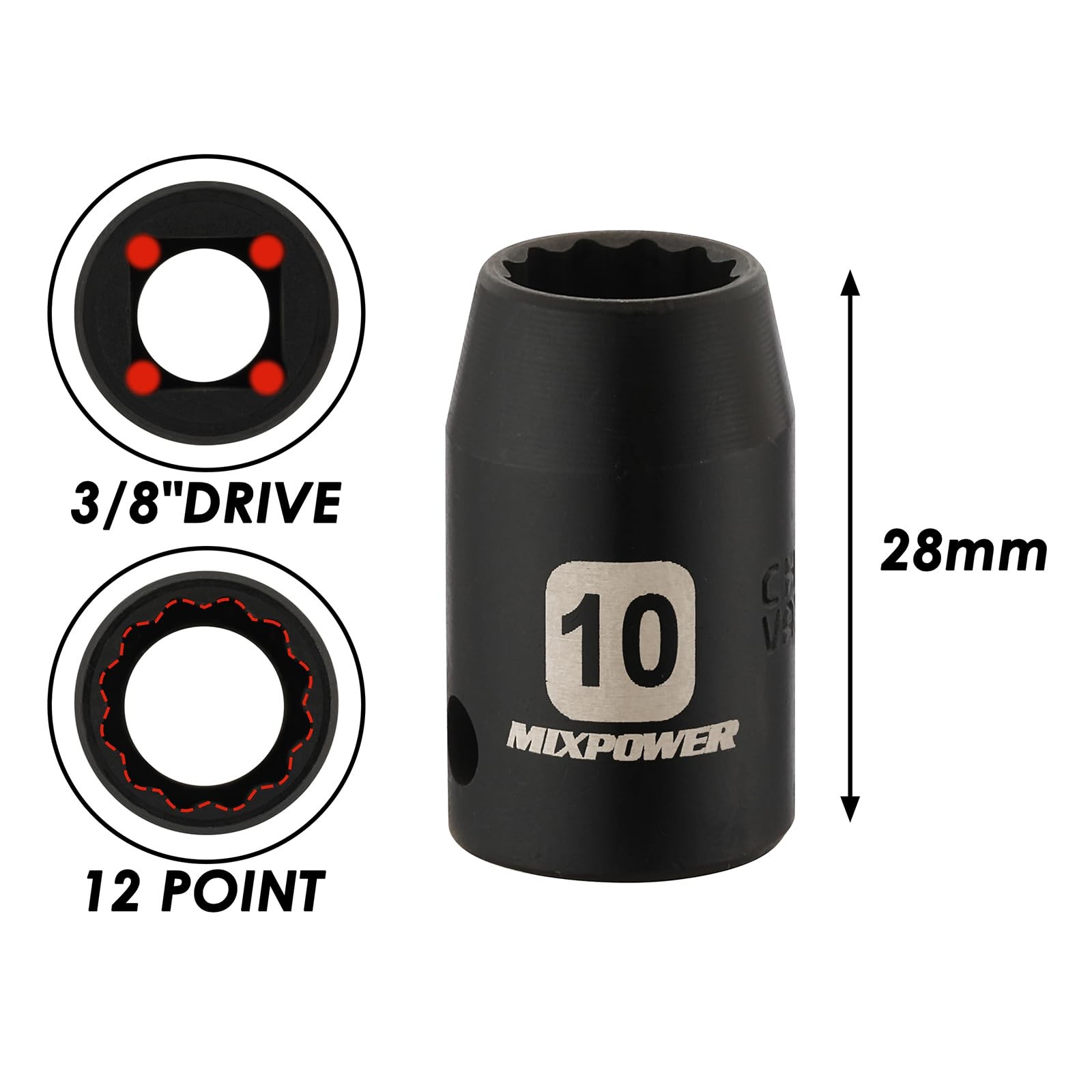 MIXPOWER 6PCS 3/8″Drive 10mm Deep&Shallow Socket, 6 Point & 12 Point, 10MM
