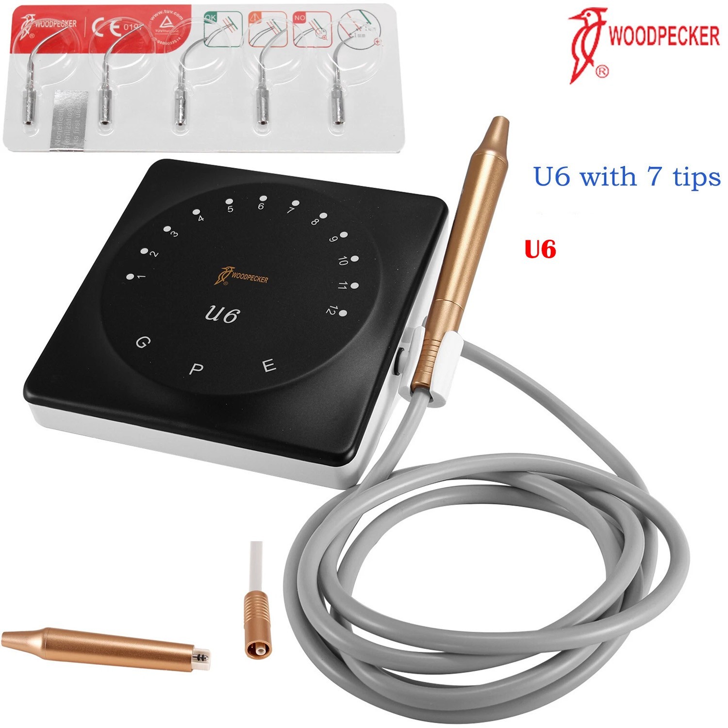 Woodpecker Dental U6 Ultrasonic Piezo Scaler HW-6 Handpiece & 7 Tips Root Canal