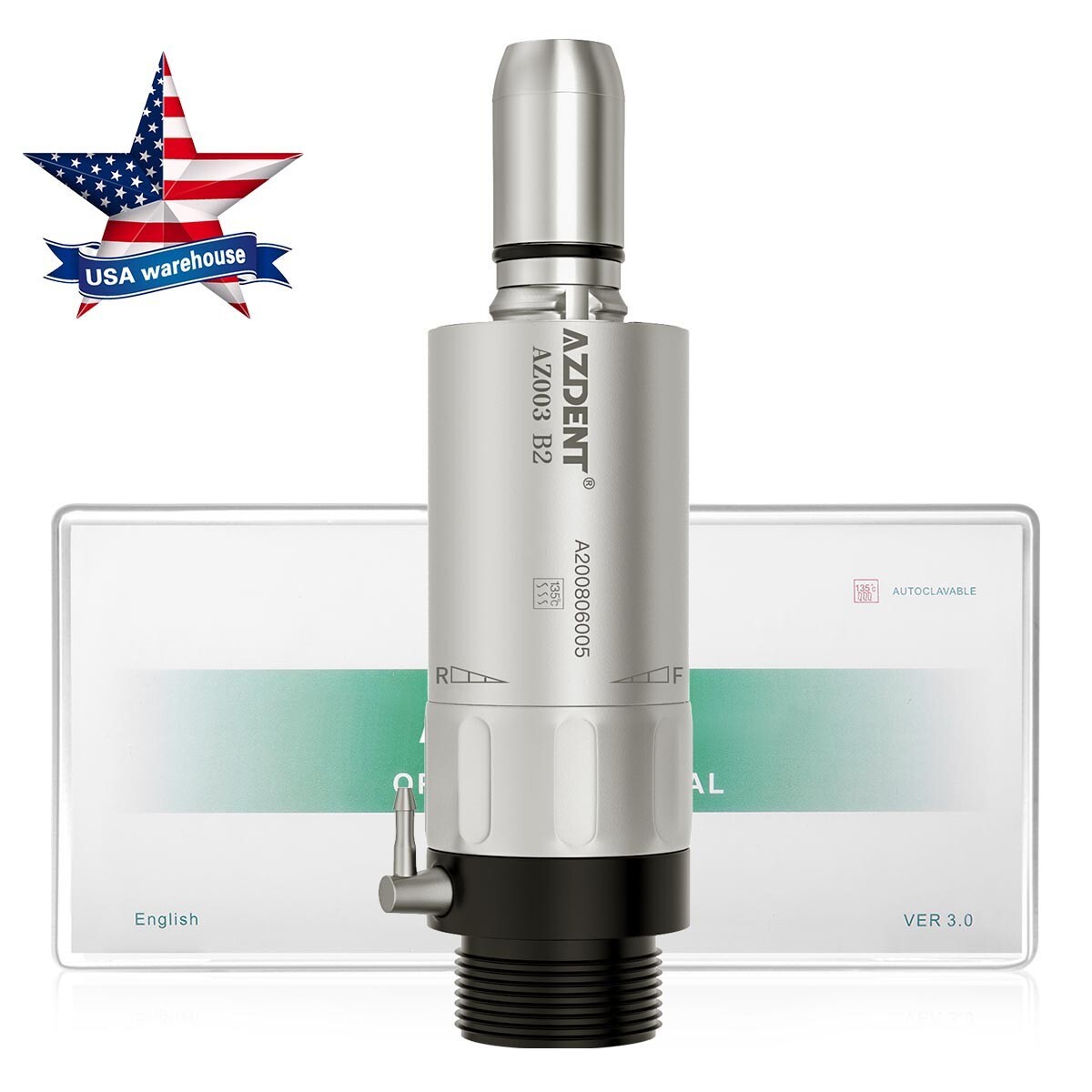AZDENT Dental 1:1 Direct Drive Low Speed Air Motor Turbine Handpiece 2 Holes