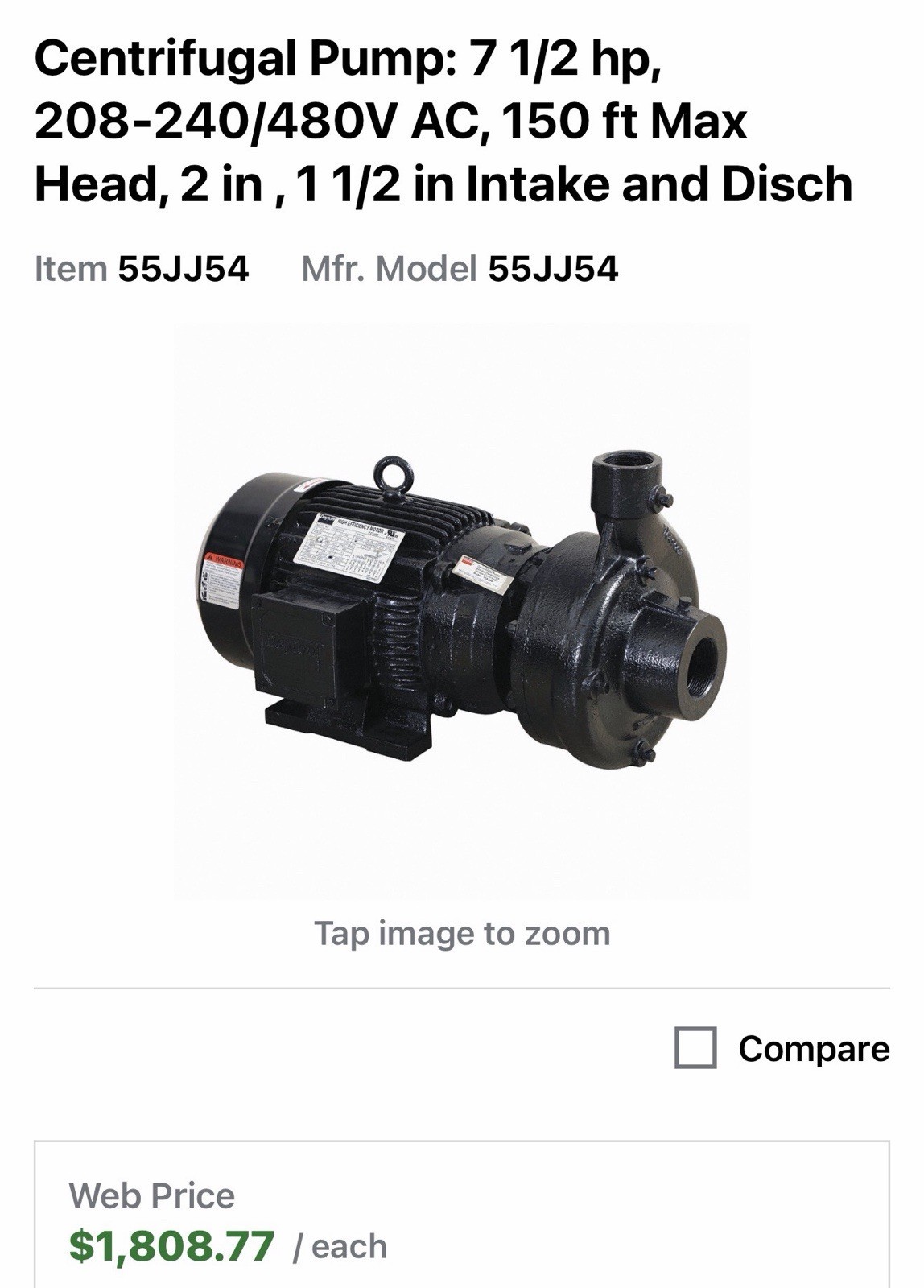 Dayton 55JJ54 Cast Iron 7-1/2 Hp Centrifugal Pump 208-230/460V, 1 1/2 in Intake