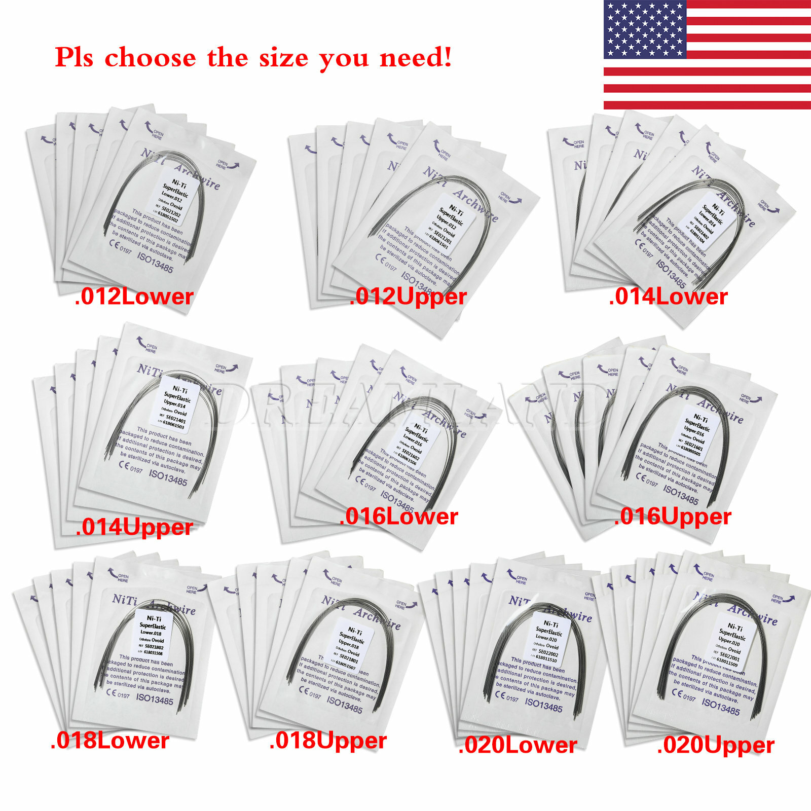 100pcs/10 Bags dental super elastic niti round arch wires Ovoid form Ortho