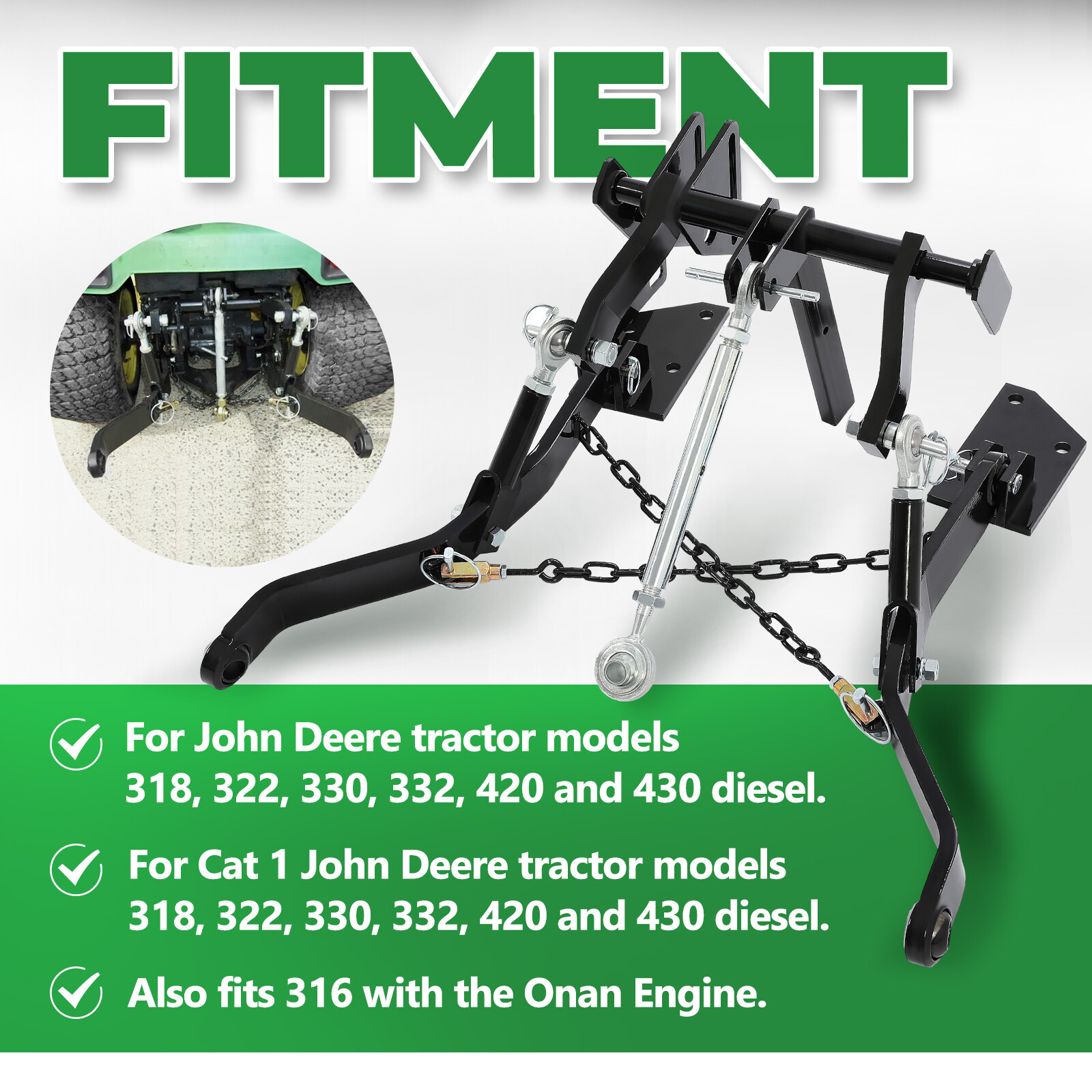 Rear 3 Point Hitch Kit w/The Onan Engine Receiver Hook For John Deere 318 to 430