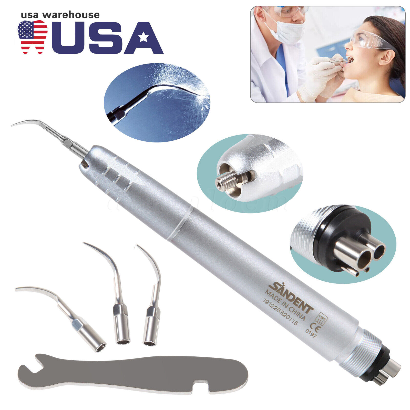 FDA Dental Piezo Air Ultrasonic Scaler 4-Hole Handpiece with 3 Scaler inserts US