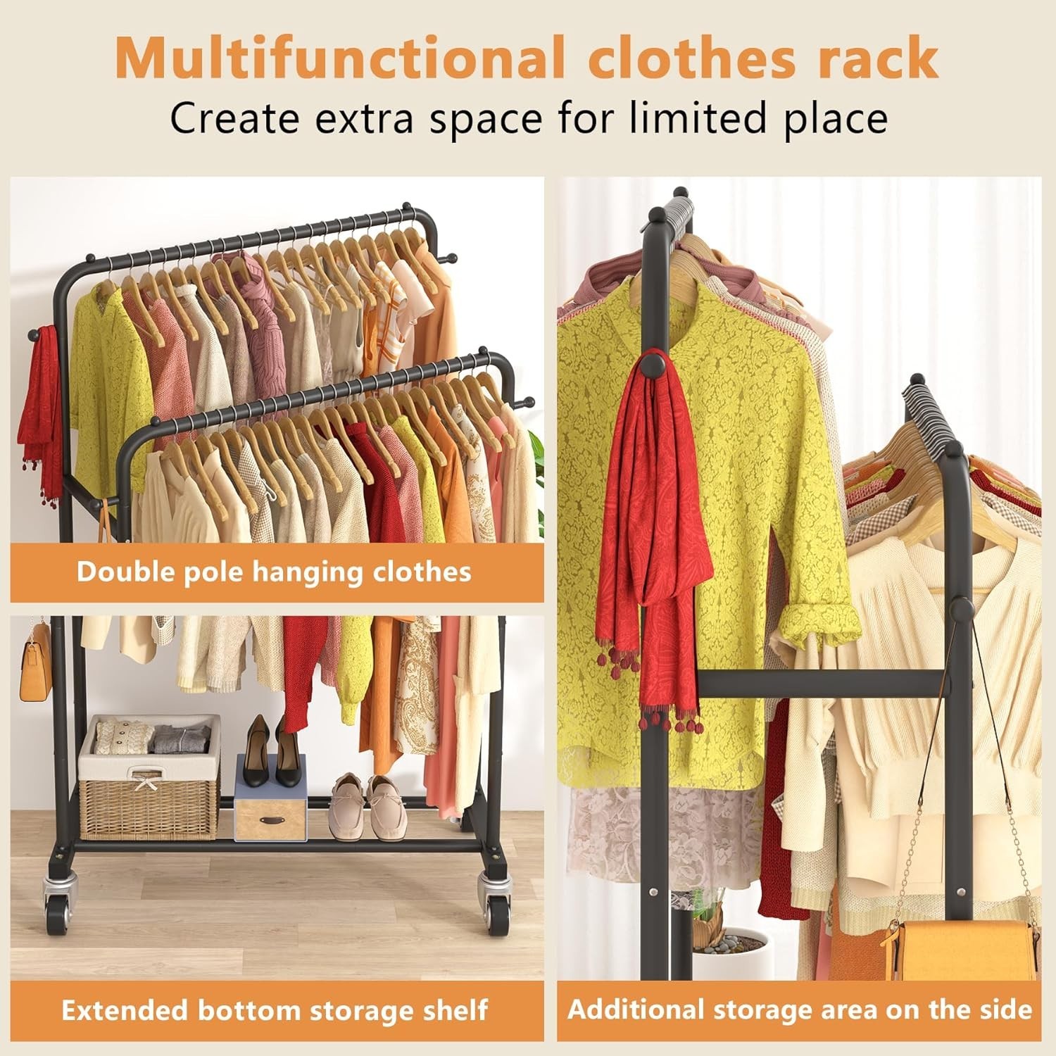 Black Double Rods Garment Rack with Wheels – 150lbs Capacity