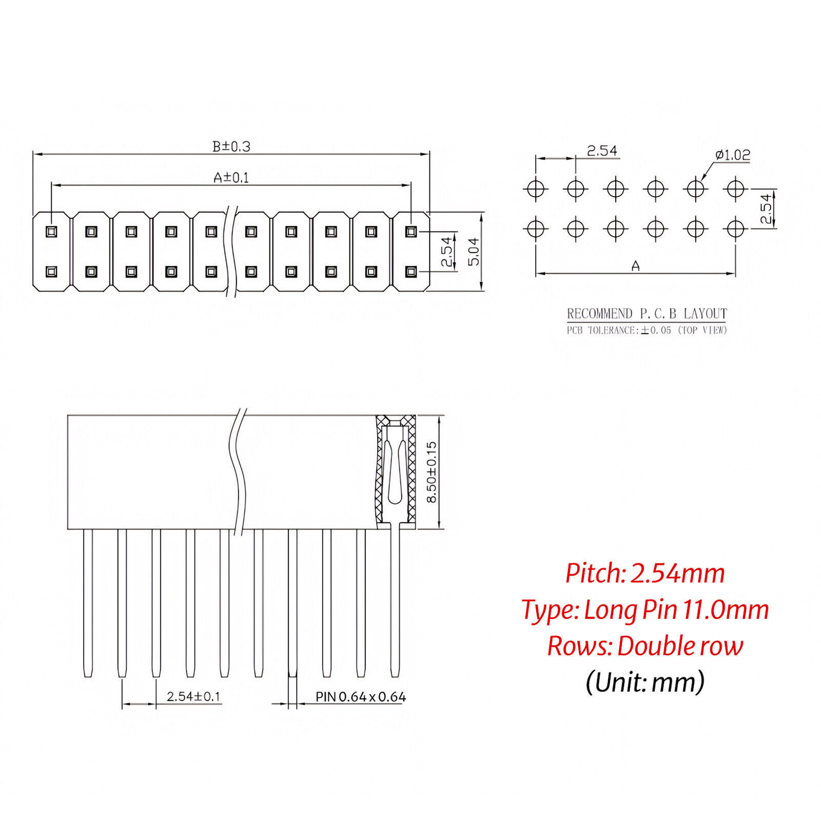 2.54mm 0.1″ PCB Header Vertical Female Socket Connector, Single/Double Row Pin
