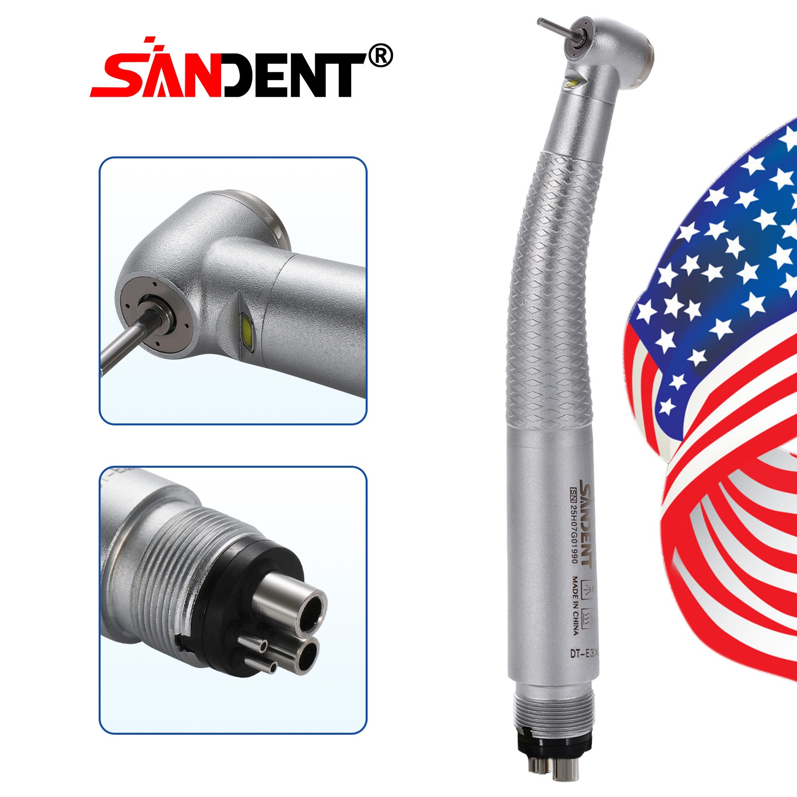 Dental LED E-generator High Speed Handpiece 4Holes 4-Port Spray SANDENT FG1.60mm