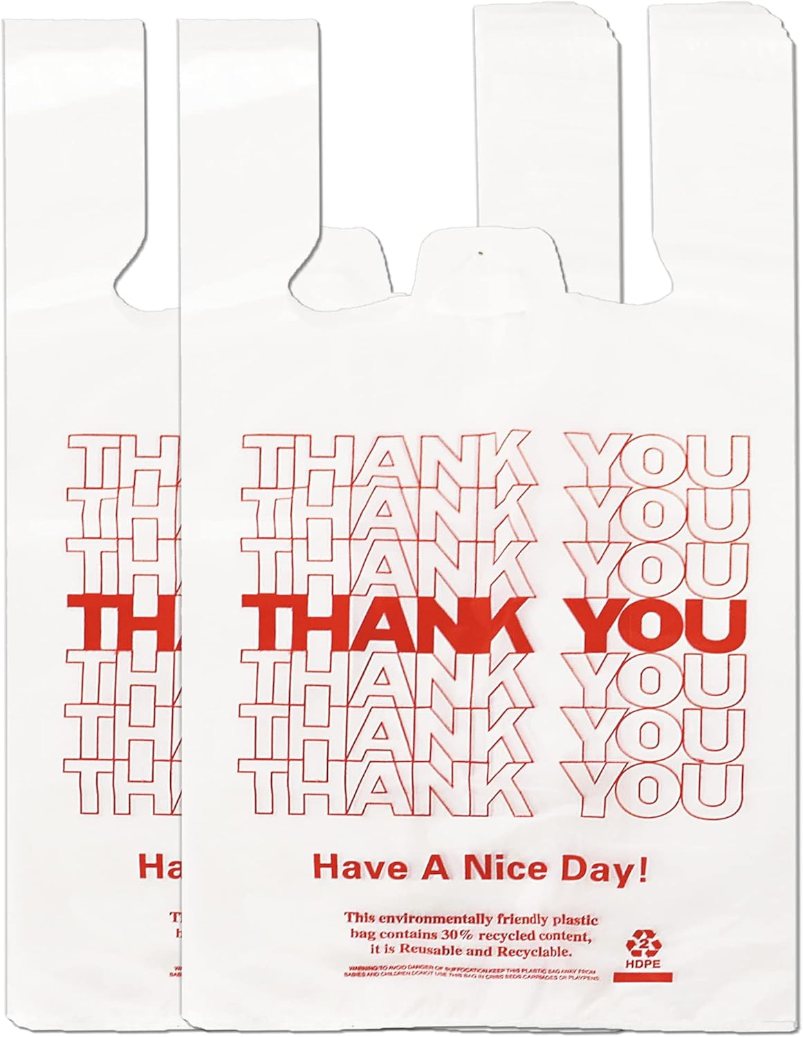 100 Count White Thank You T-Shirt Bags, 11 X 6 X 21 in | Durable HDPE with Handl