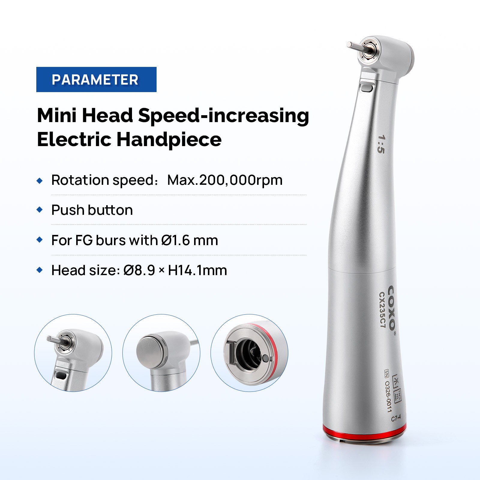 COXO 1:5 Contra Dental Head Handpiece Speed Electric W/Fiber Spray FG bur Inner