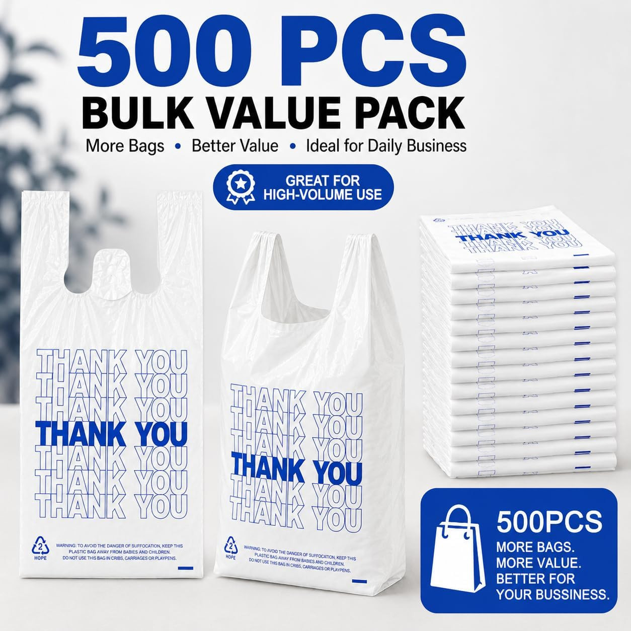 500 Count Plastic T-Shirt Bags, 11″ X 6″ X 21″, White, Grocery & Take-Out Shoppi