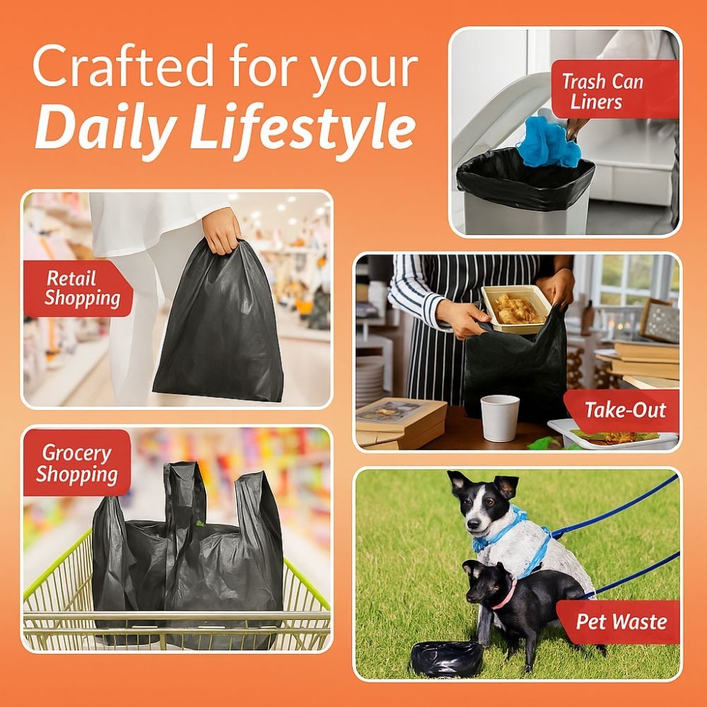 Black T Shirt Bags Plastic Grocery Shopping Carry Out Bag 11.5”x6.5”x22”