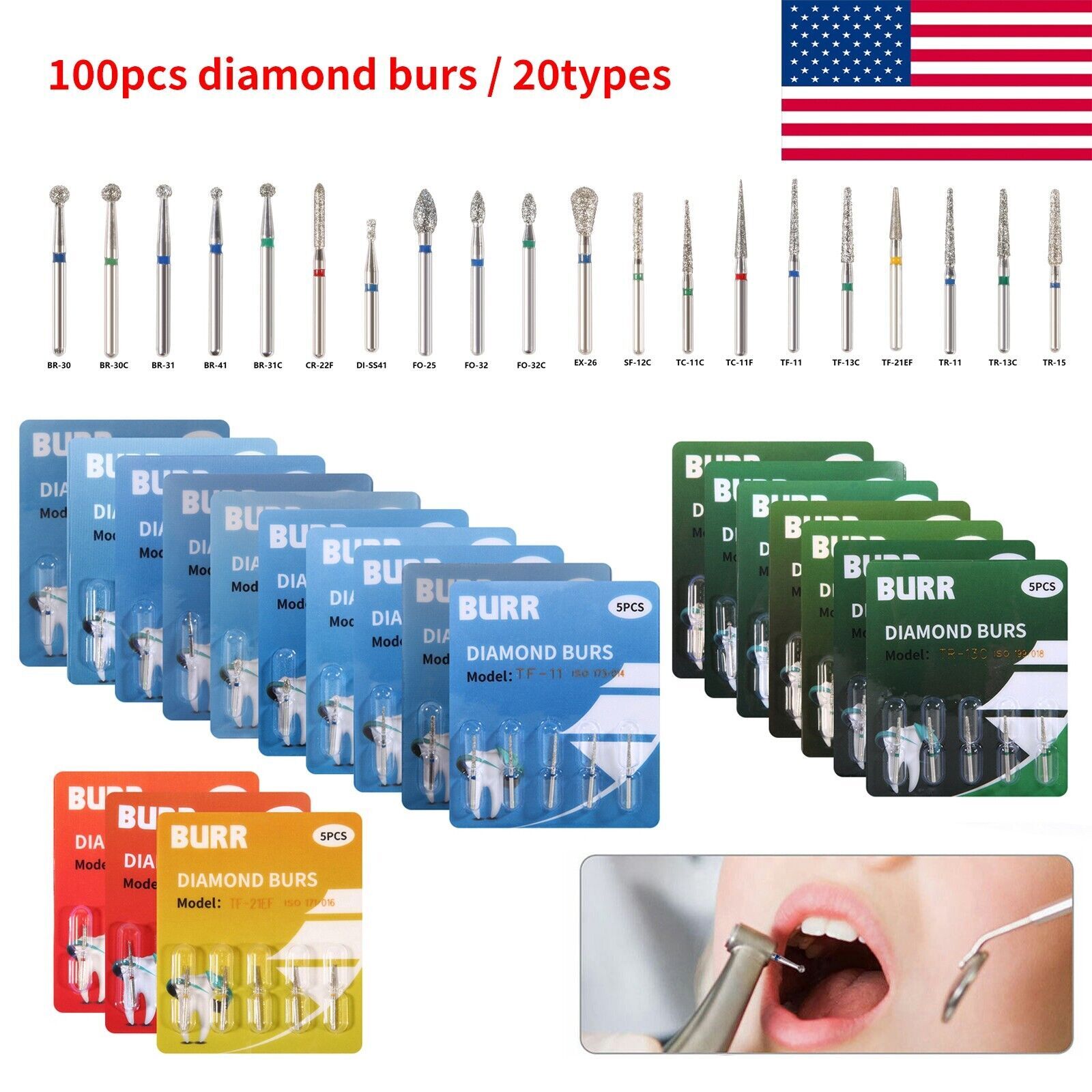 Dent Diamond Burs for fit High Speed Handpiece Medium FG 1.60mm 20 fixed types