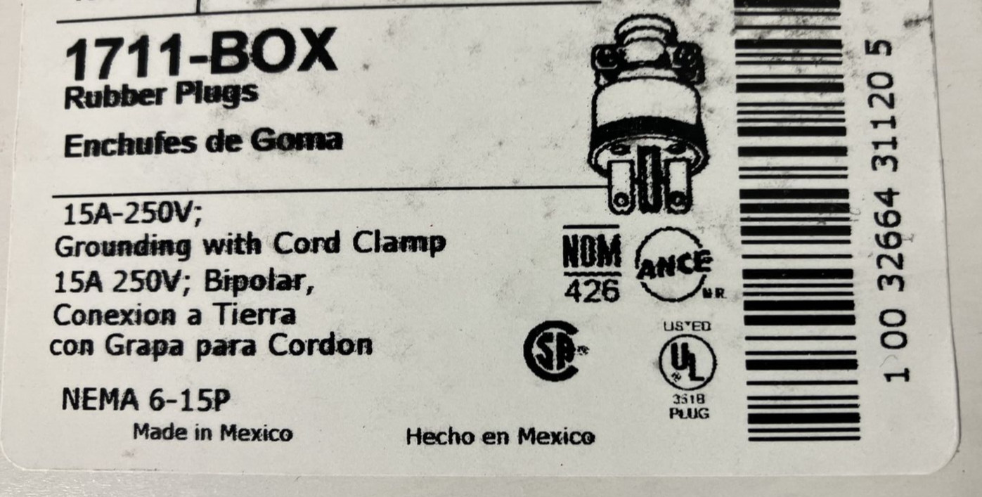 Cooper Straight Blade Rubber Plug NEMA 6-15P 15A 250V 1711 Bulk DISCOUNTS AVAIL