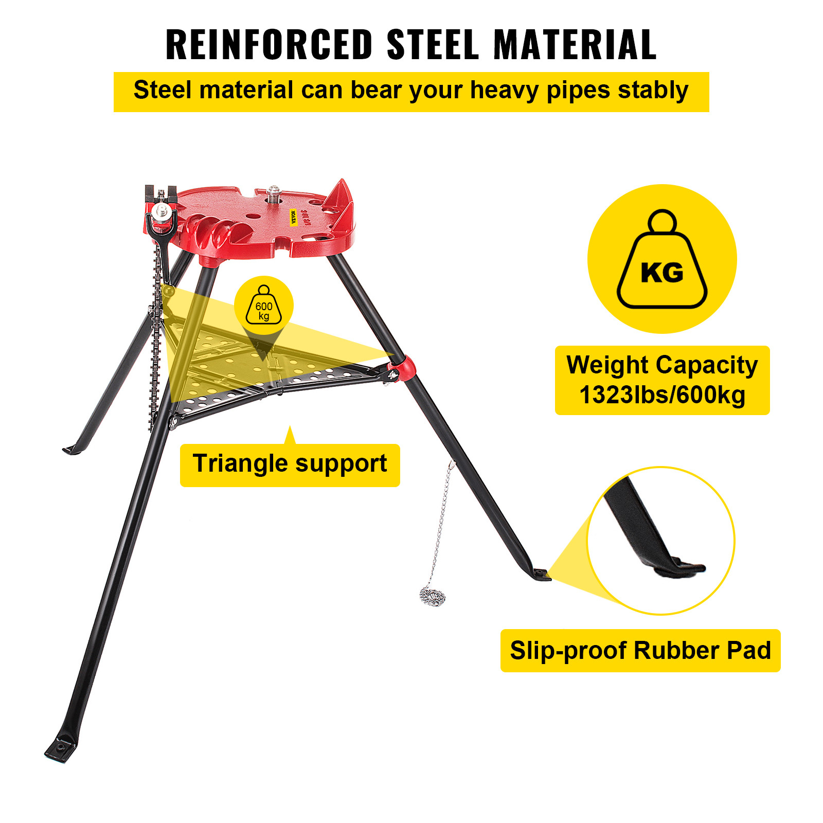VEVOR 460-6 Tripod Pipe Chain Vise 6″ Capacity Foldable Steel Legs w/ Tool Tray