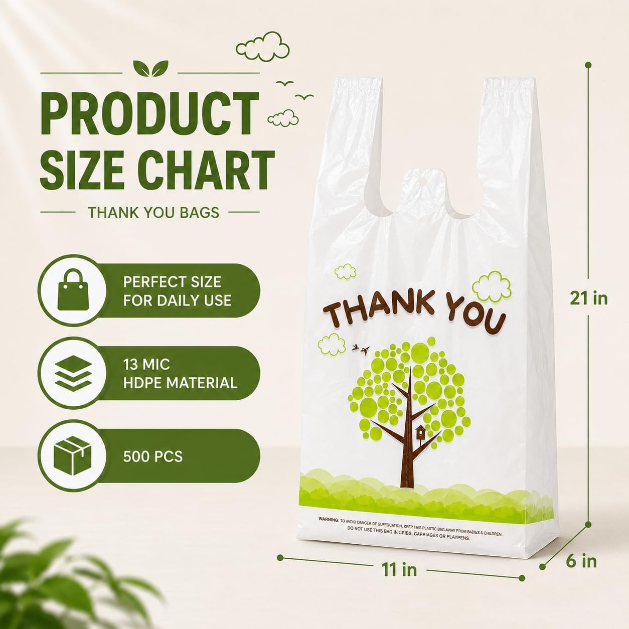 500 Count Plastic T-Shirt Bags, 11″ x 6″ x 21″, White-Green Tree, Grocery & Take