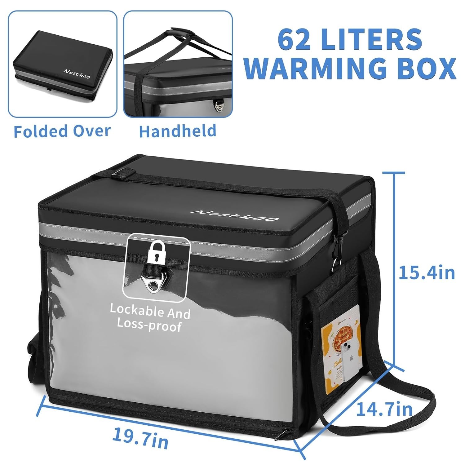 62L Insulated Food Delivery Bag for E-bikes/Scooters – Waterproof Carrier with