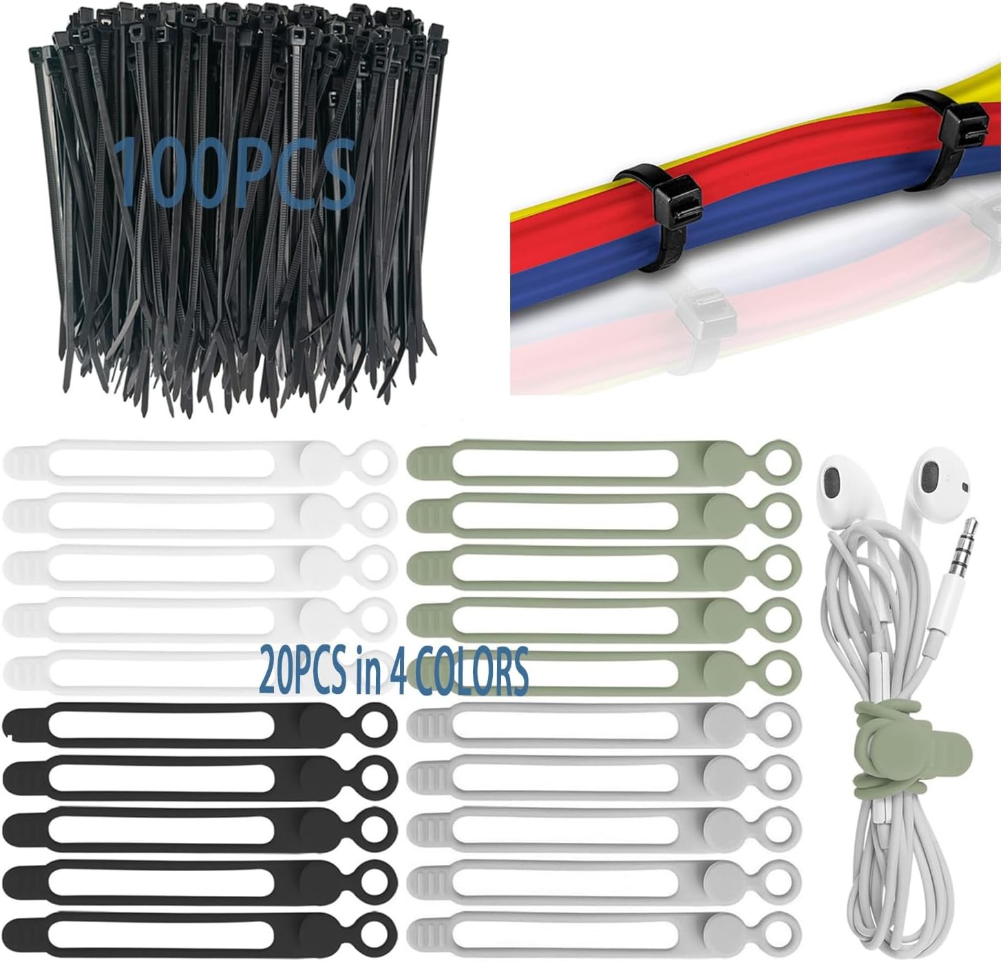 120 Pcs Cable Organizer Set, 20pcs Silicone Cable Ties Reusable & Nylon Cable