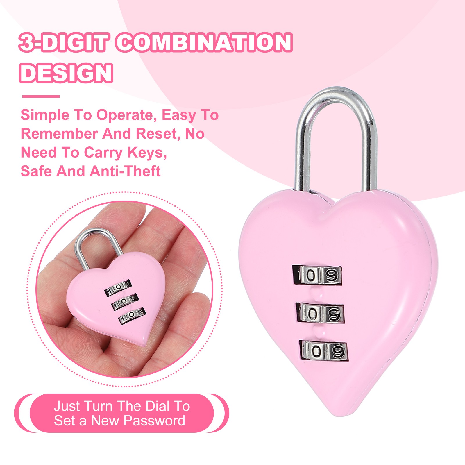 2 Pack Combination Locks Heart Shape Password Padlock Love Locker Lock Pink