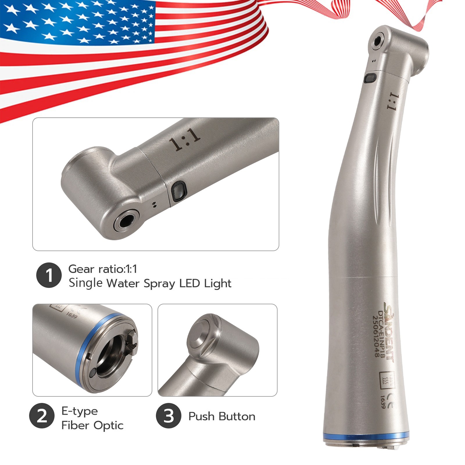 SANDENT Dental 1:1 Fiber Optic LED Contra Angle Handpiece Push Button E-type SA