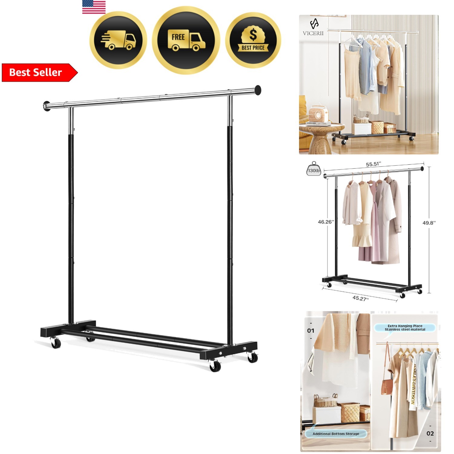 Clothing Rack Heavy Duty Rolling Garment Rack with Wheels for Hanging Clothes