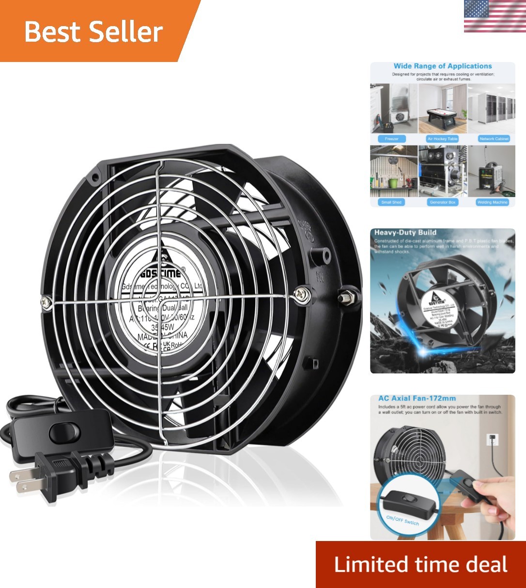 Quiet Operation 172mm Cooling Fan – 58 dB for Industrial & DIY Applications