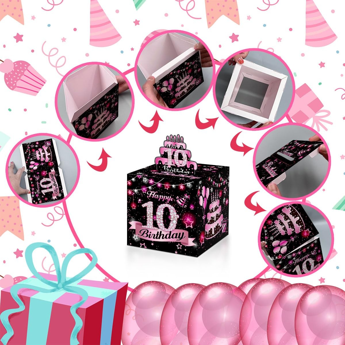 Pink DIY Surprise Explosion Money Box Gift Set 35 Bags 10th Birthday Decor
