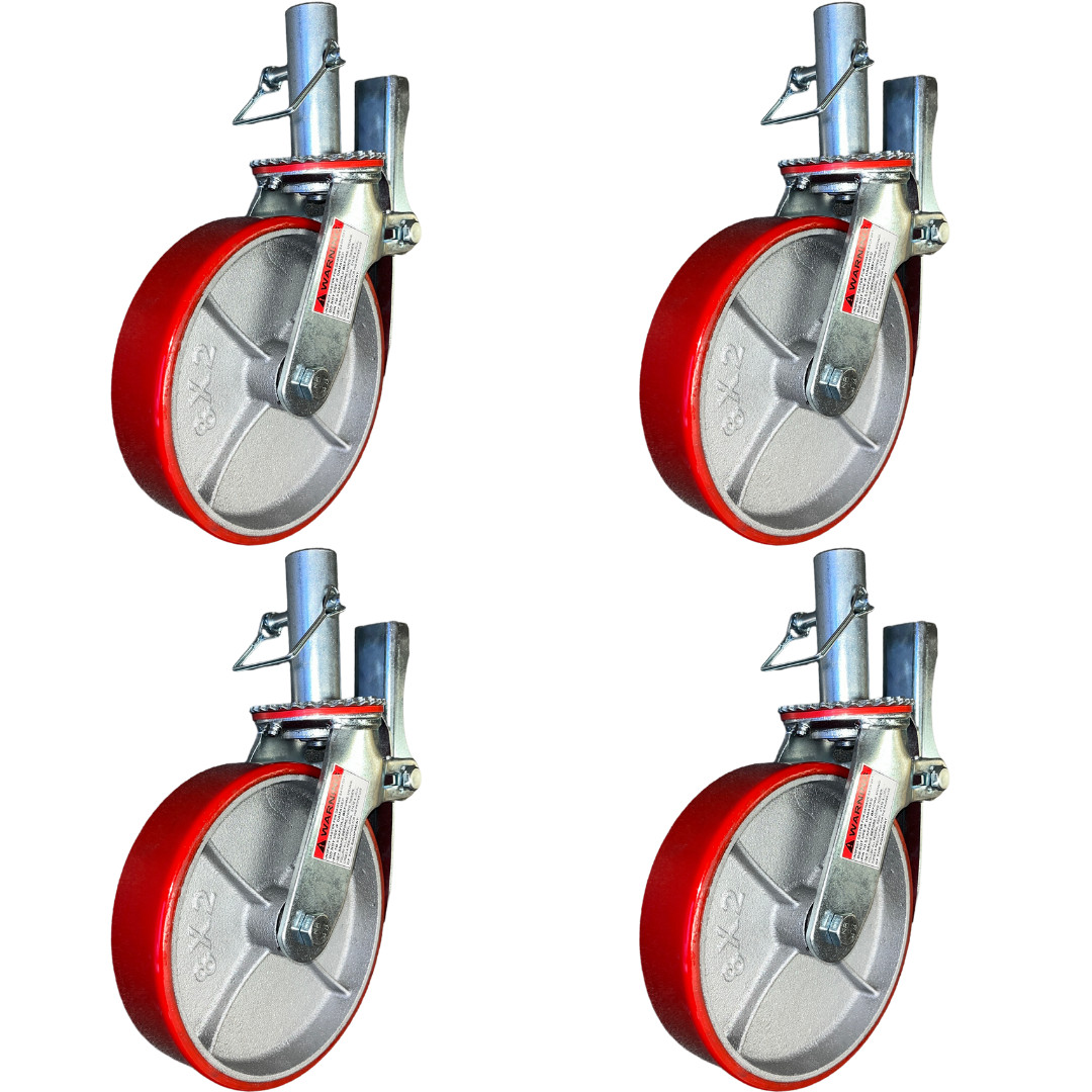 4 pcs Scaffold Caster 8″ x 2″ Red Wheels w/ Locking Brakes 1-1/4″ Stem with Pin