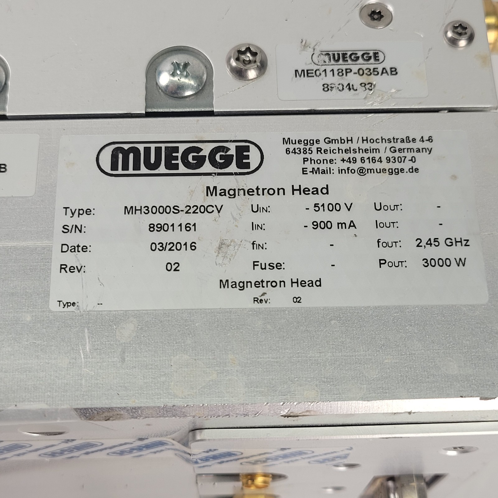 Muegge MH3000S-220CV Magnetron Head, 5100V, 900mA, 2,45GHz, 3000W – PARTS ONLY