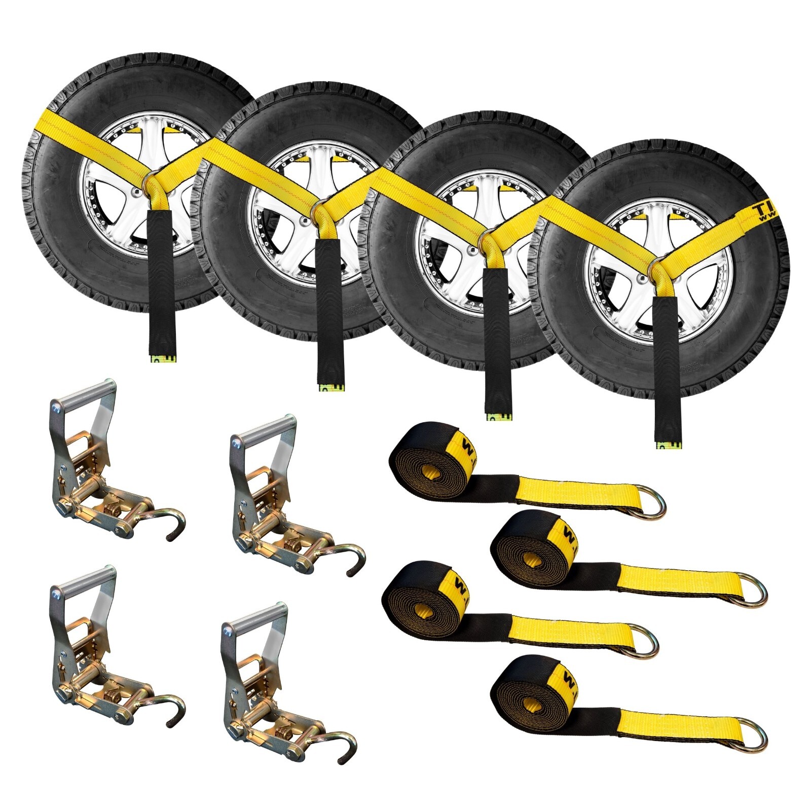 4 Sets 2″ x 10′ Ratchet w/Finger J Hook Wheel Lift Lasso Strap Tow Truck Towing