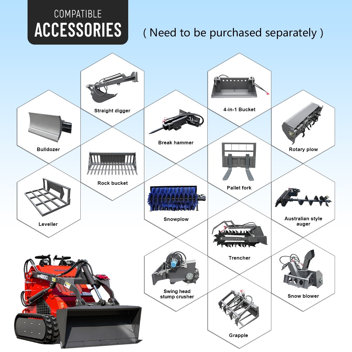 HY12C FREE SHIP/unloading Mini Excavator 1.2Ton 13.5hp Gas EPA Engine+Rake+Auger
