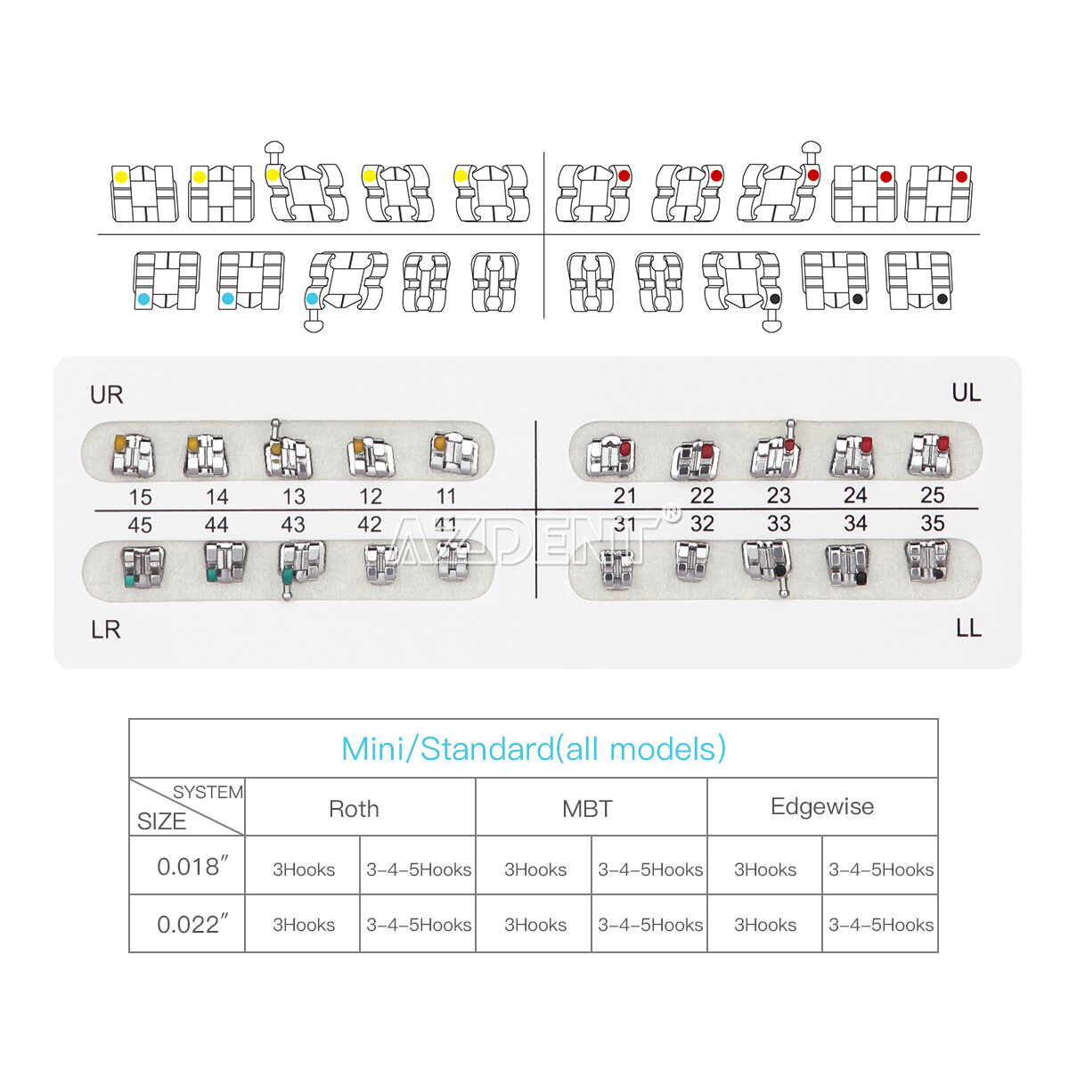 1-100X Dental Orthodontic Brackets Mini/Standard Roth MBT 022/018 Hooks 3/345
