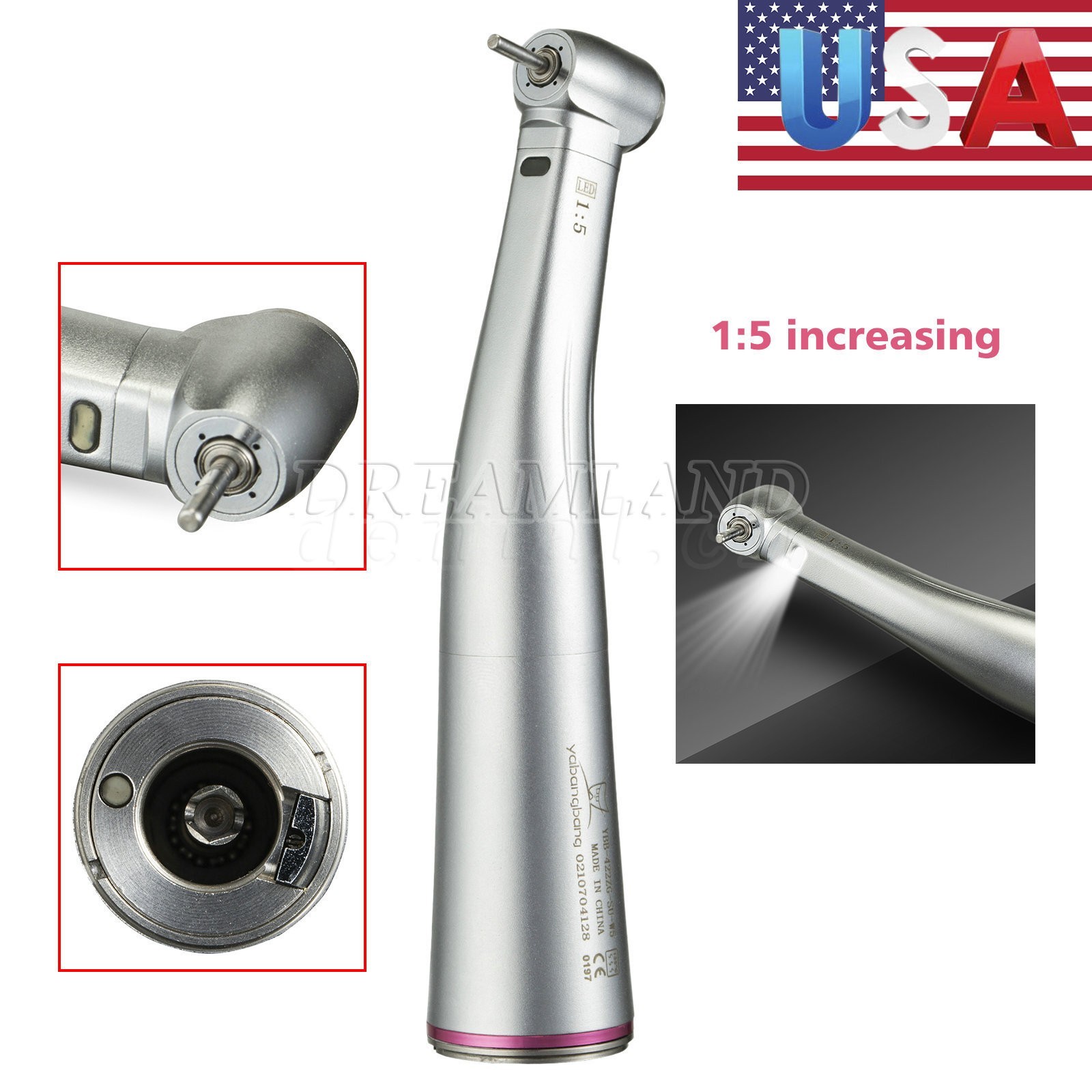 NSK Style Dental 1:5 Increasing Handpiece Fiber Optic LED Contra Angle Red Ring