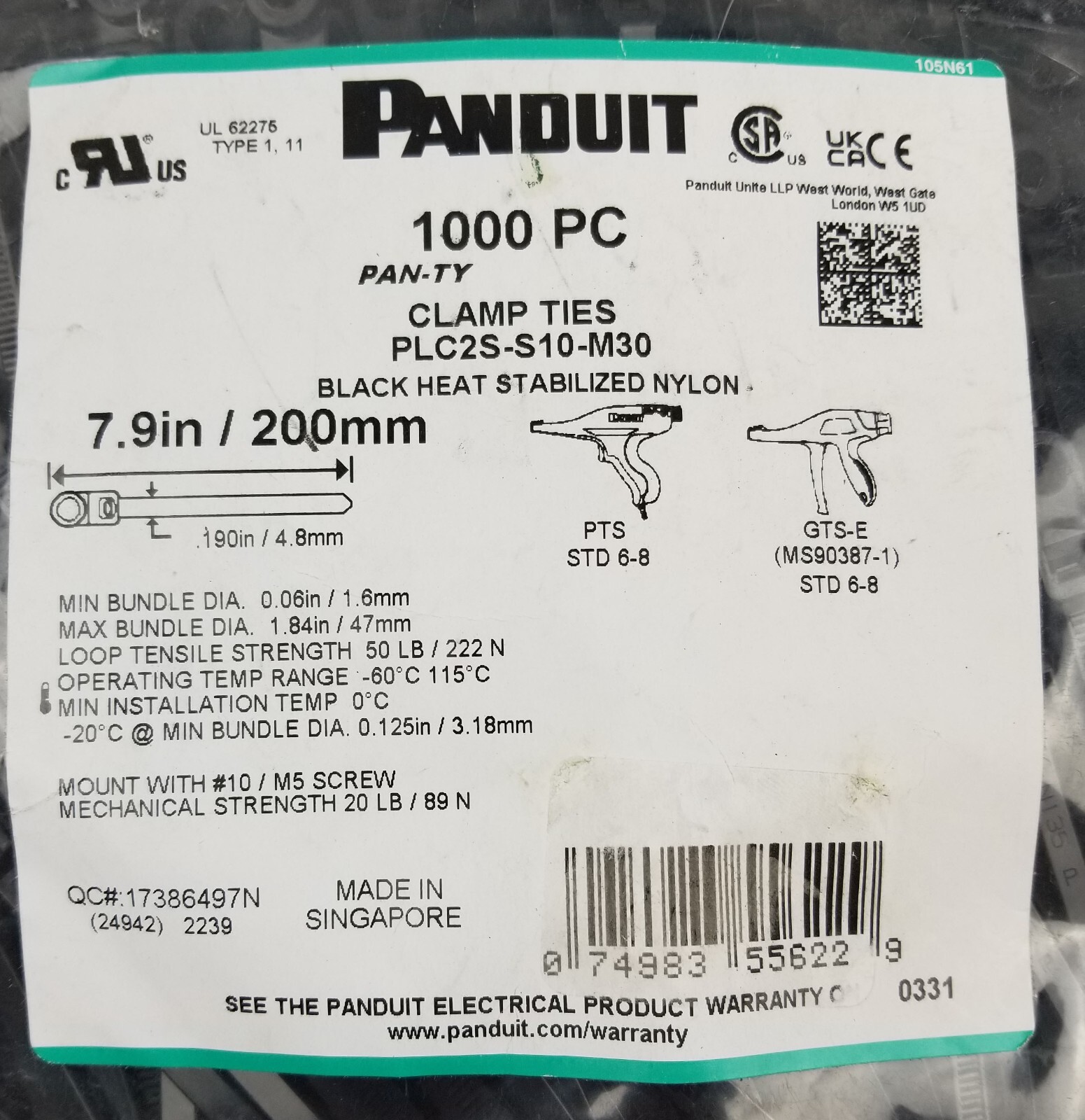 1000 Panduit PLC2S-S10-M30 Clamp Cable Ties Pan-Ty 7.9″ 50LB Black Nylon NEW