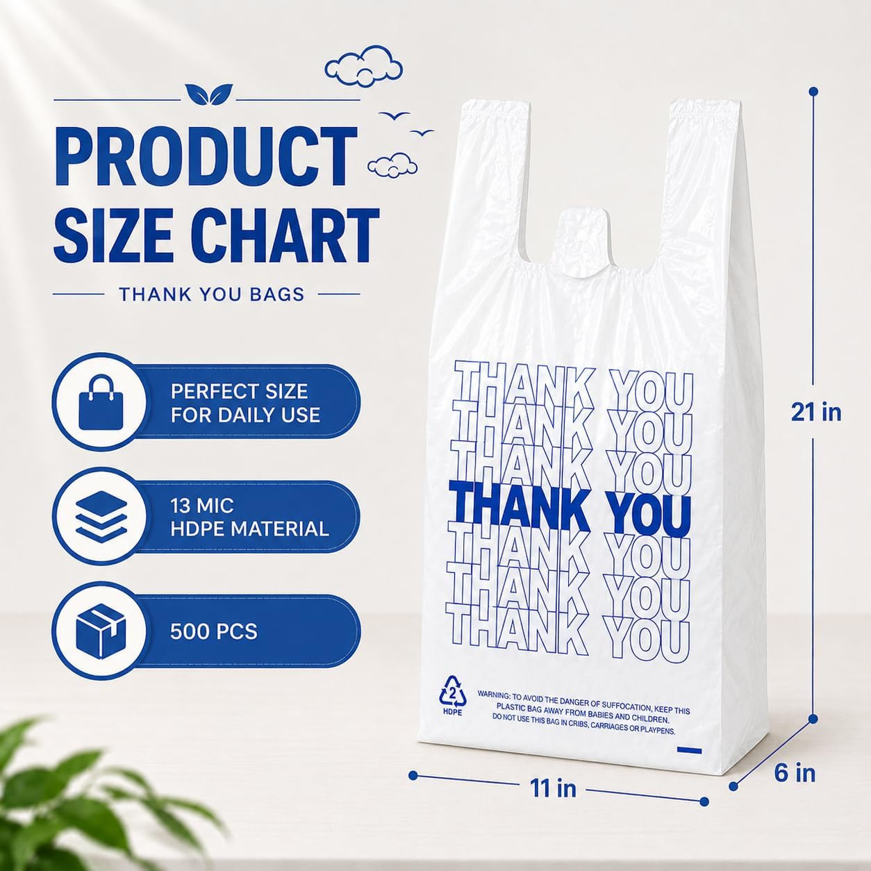 500 Count Plastic T-Shirt Bags, 11″ X 6″ X 21″, White, Grocery & Take-Out Shoppi