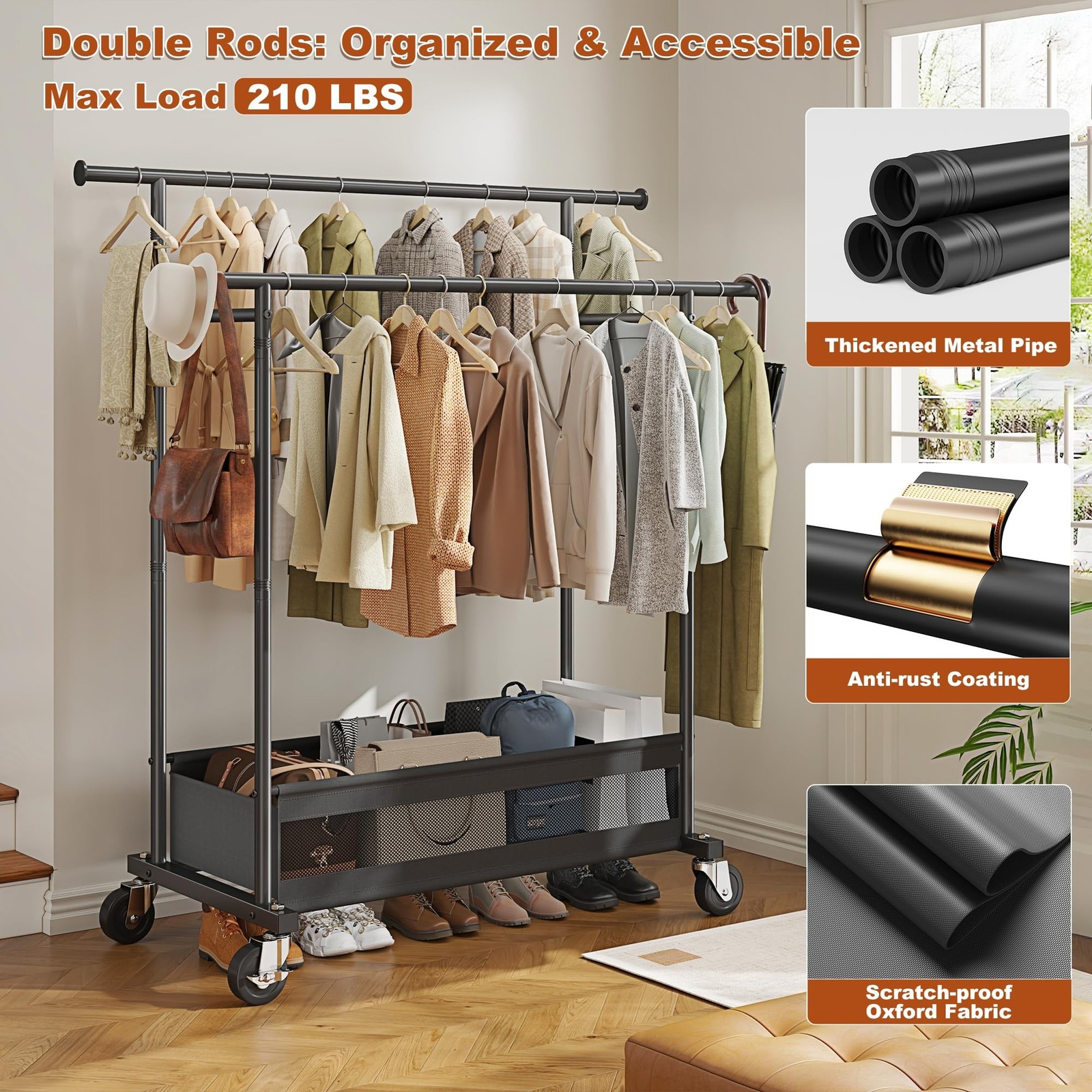 Clothes Rack, Double Rod, 210 LBS, Storage Basket, Black | Rolling Garment Ra…