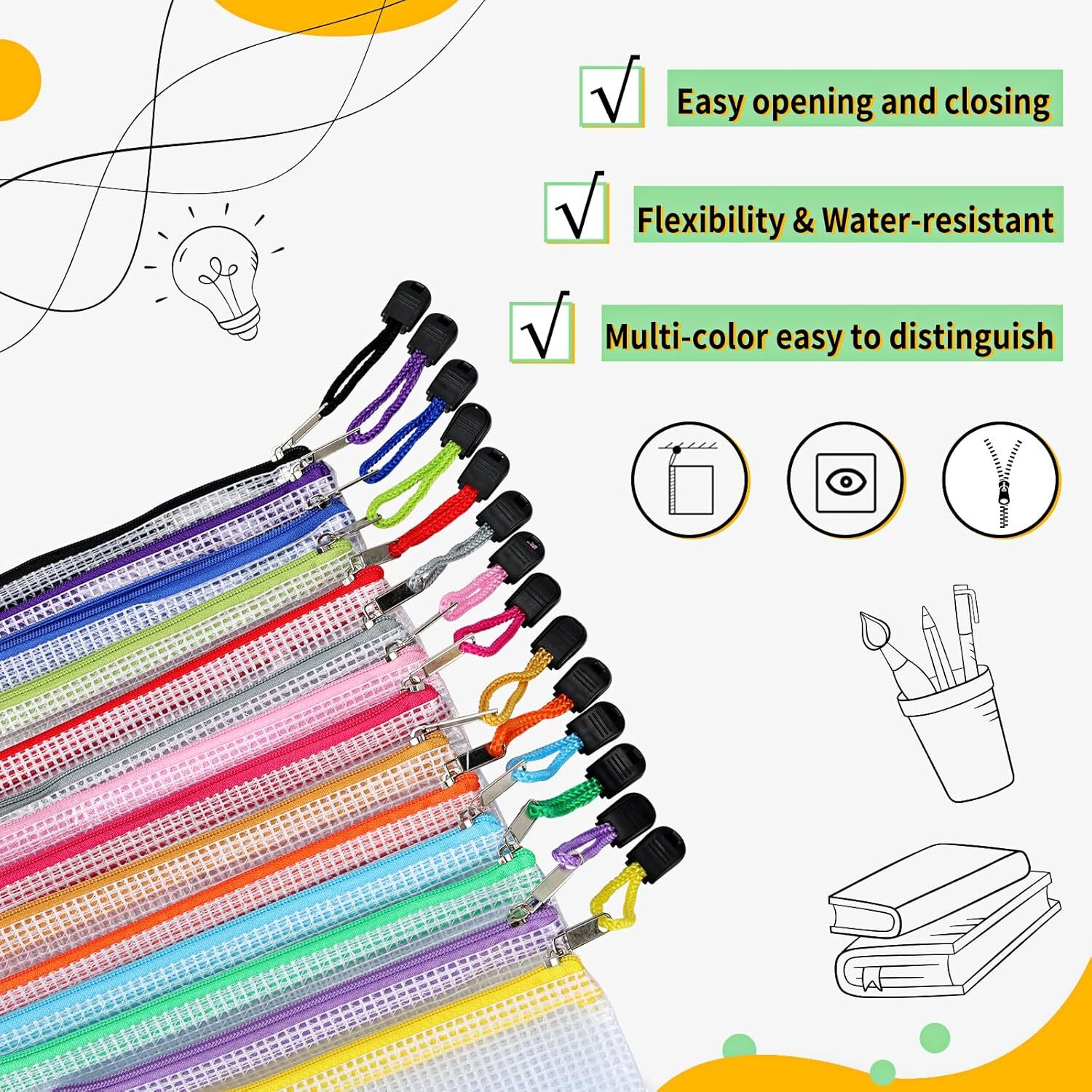 14Pcs Zipper Pouches for Organizing w/ Zipper, Mesh Zipper Pouch Bags, 8 Sizes