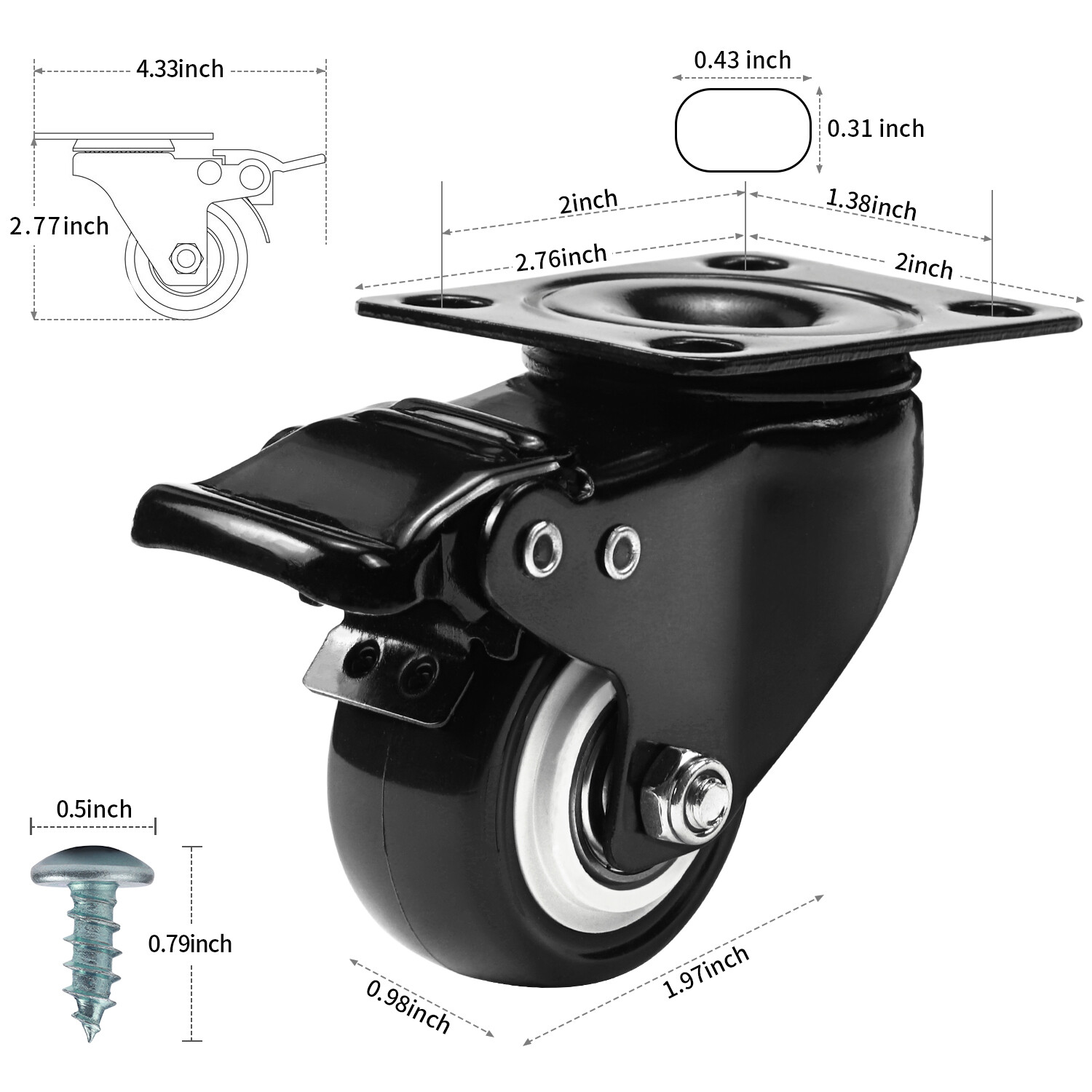 4 Units 2 inches Heavy Duty Universal Caster Wheels With Brake Swivel Top Plate